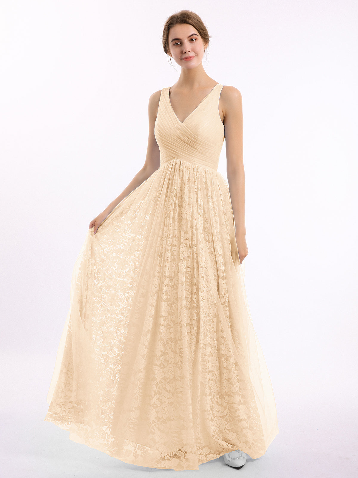 BABARONI V Neck Lace Lining and Tulle Dresses Peach, Peach / US0