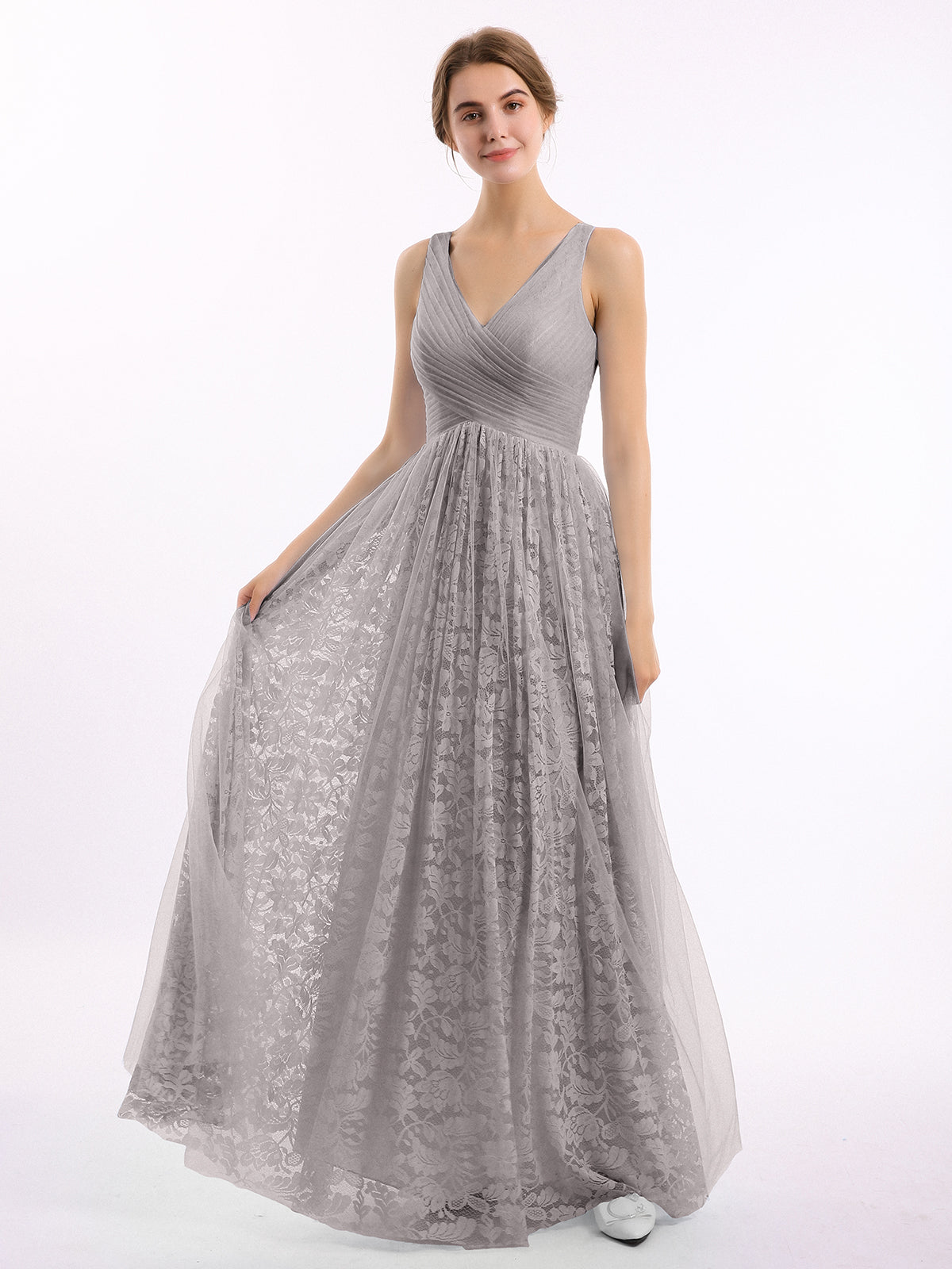 BABARONI V neck Lace Lining And Tulle Dresses Silver, Silver / US0