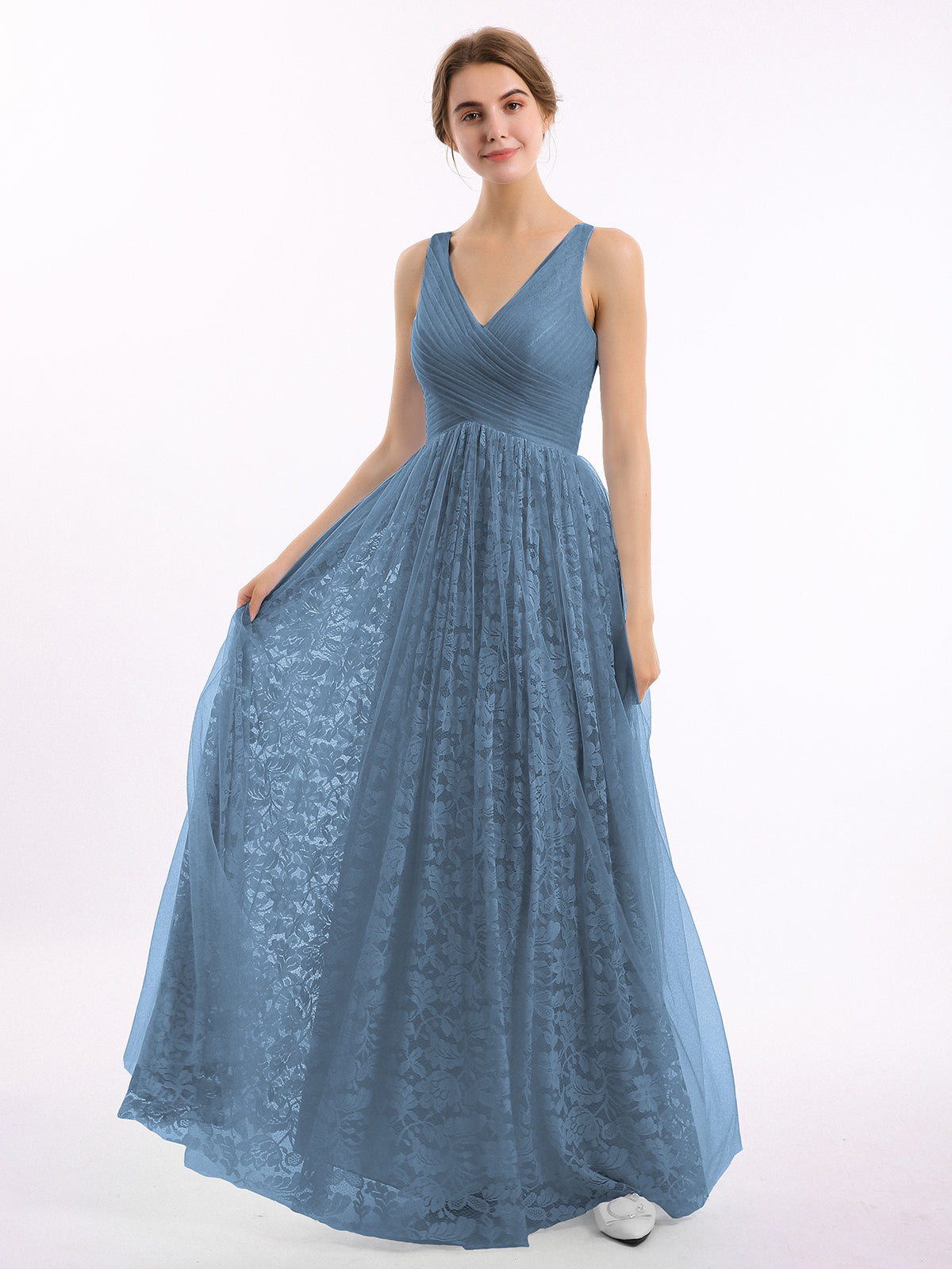BABARONI V neck Lace Lining And Tulle Dresses Slate Blue Plus Size, Slate Blue / US18 BABARONI V neck Lace Lining And Tulle Dresses Slate Blue Plus Size, Slate Blue / US18