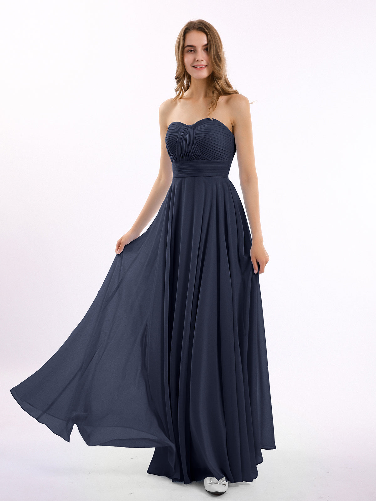 BABARONI Strapless Chiffon Pleated Bridesmaid Gowns Dark Navy Plus Size, Dark Navy / US18