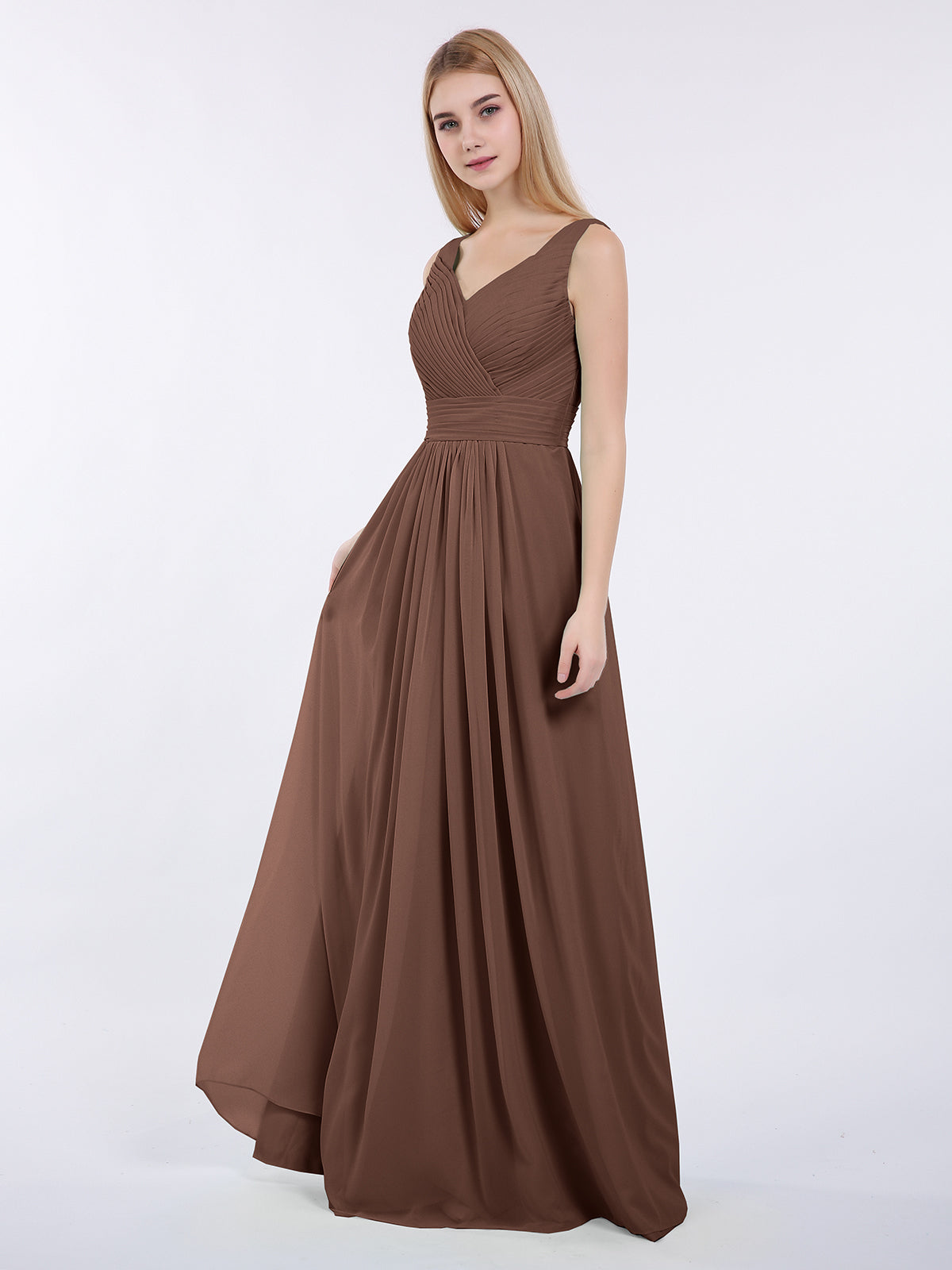 BABARONI V-neck Full Length Chiffon Dress with Pleated Bodice Chocolate, Chocolate / US0