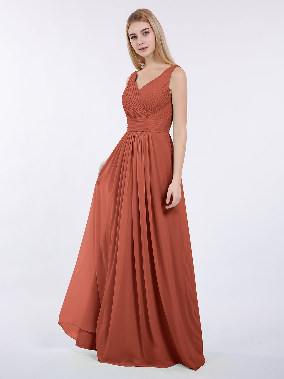 BABARONI V-neck Full Length Chiffon Dress with Pleated Bodice Rust, Rust / US0 BABARONI V-neck Full Length Chiffon Dress with Pleated Bodice Rust, Rust / US0