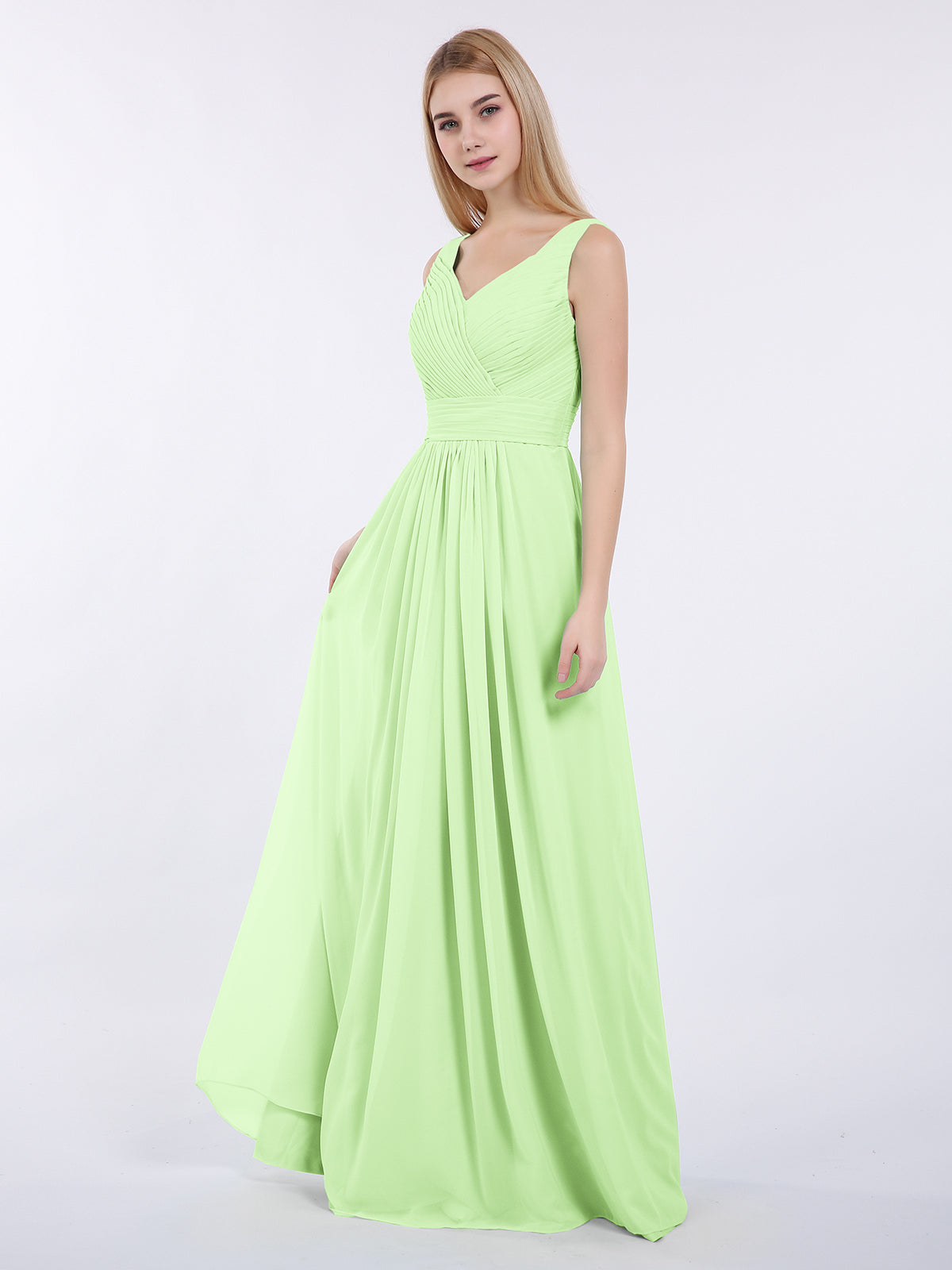 BABARONI V-Neck Full Length Chiffon Dress with Pleated Bodice Sage, Sage / US0