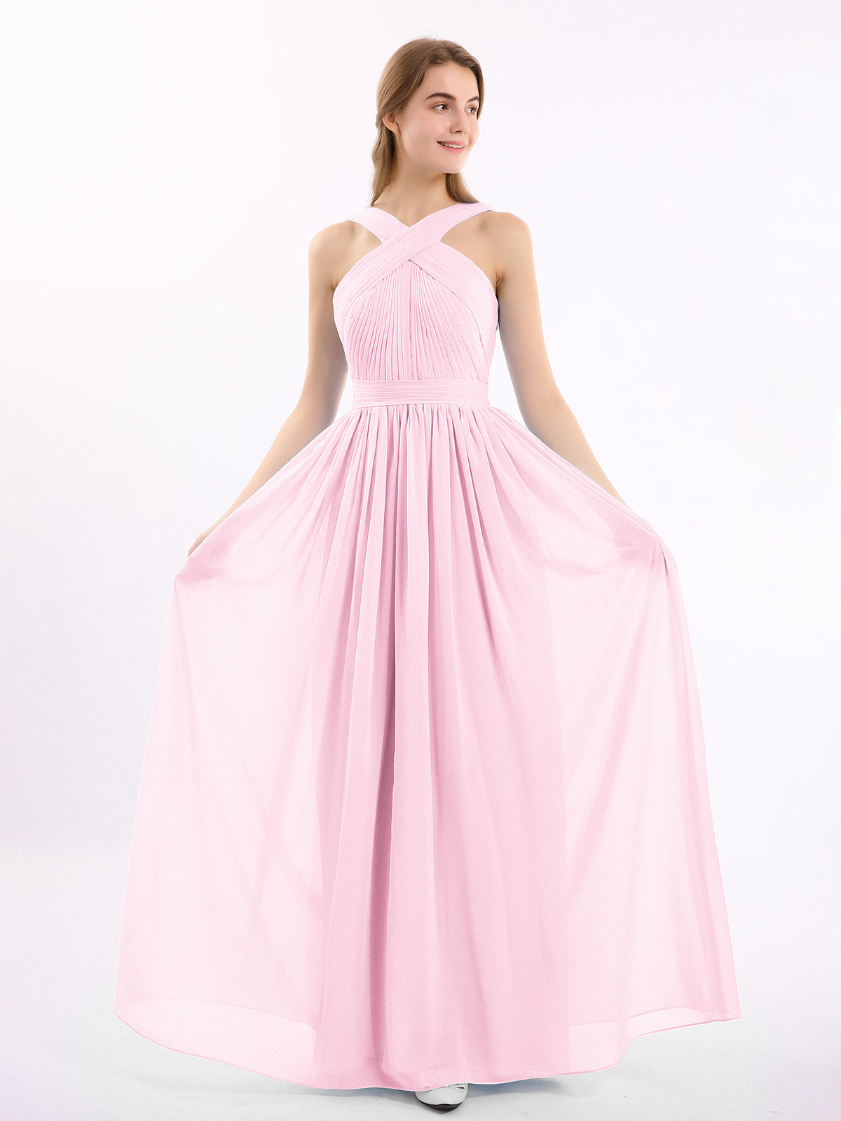 Warp Bodic Chiffon Long Dresses with Sash Bow Candy Pink
