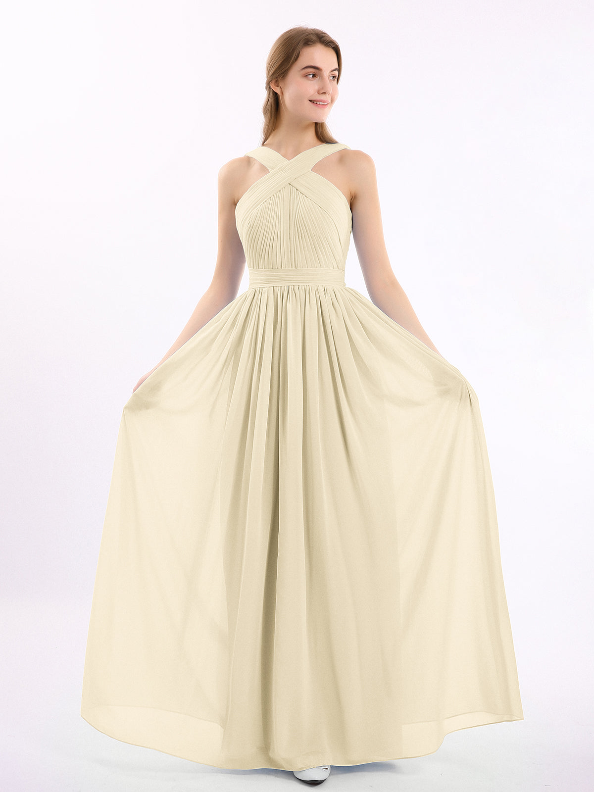 BABARONI Cross Front Chiffon Long Dress with Bow Champagne Plus Size, Champagne / US18 BABARONI Cross Front Chiffon Long Dress with Bow Champagne Plus Size, Champagne / US18
