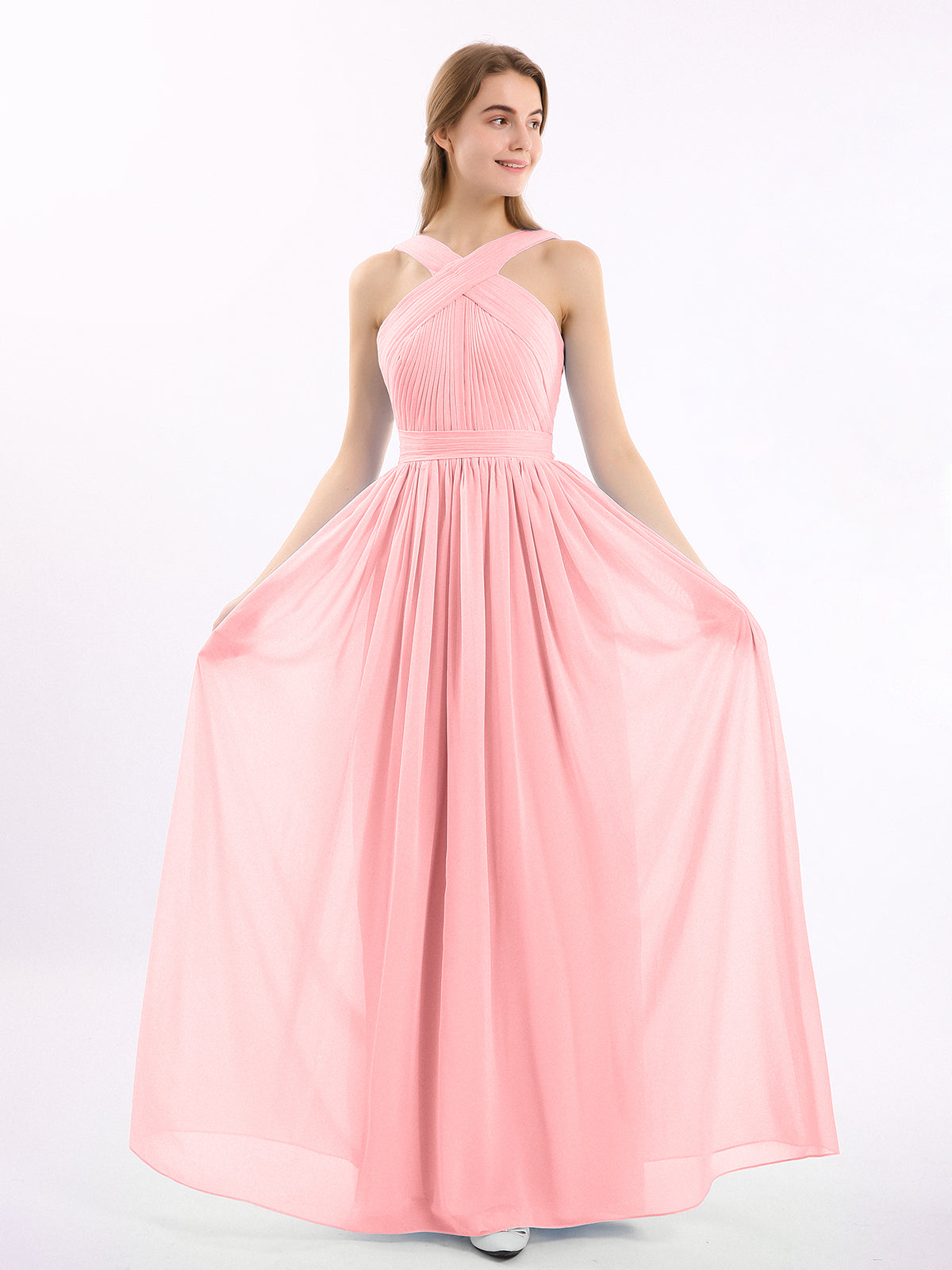 BABARONI Cross Front Chiffon Long Dress with Bow Flamingo, Flamingo / US0 BABARONI Cross Front Chiffon Long Dress with Bow Flamingo, Flamingo / US0