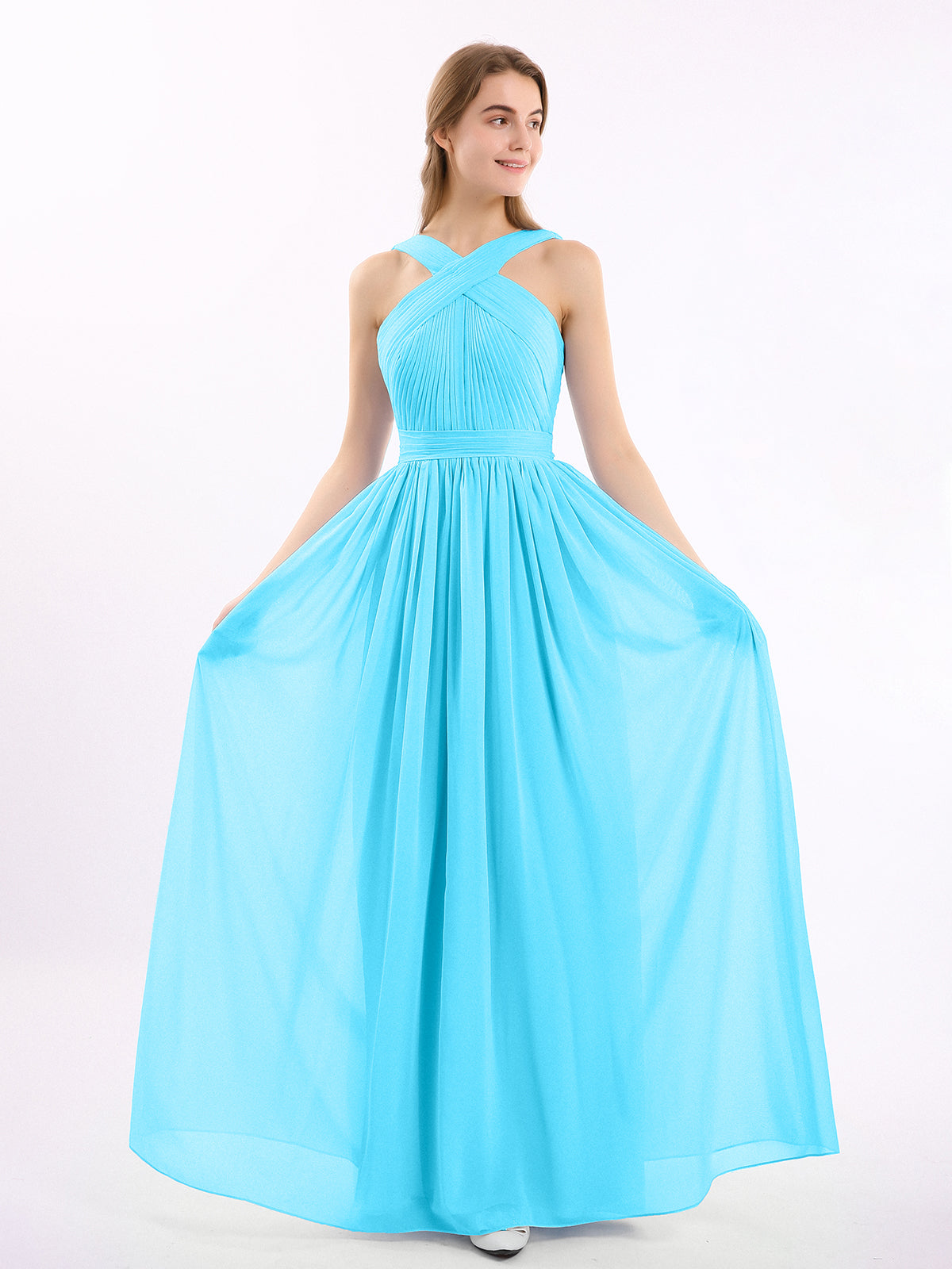 BABARONI Cross Front Chiffon Long Dress with Bow Pool, Pool / US0 BABARONI Cross Front Chiffon Long Dress with Bow Pool, Pool / US0