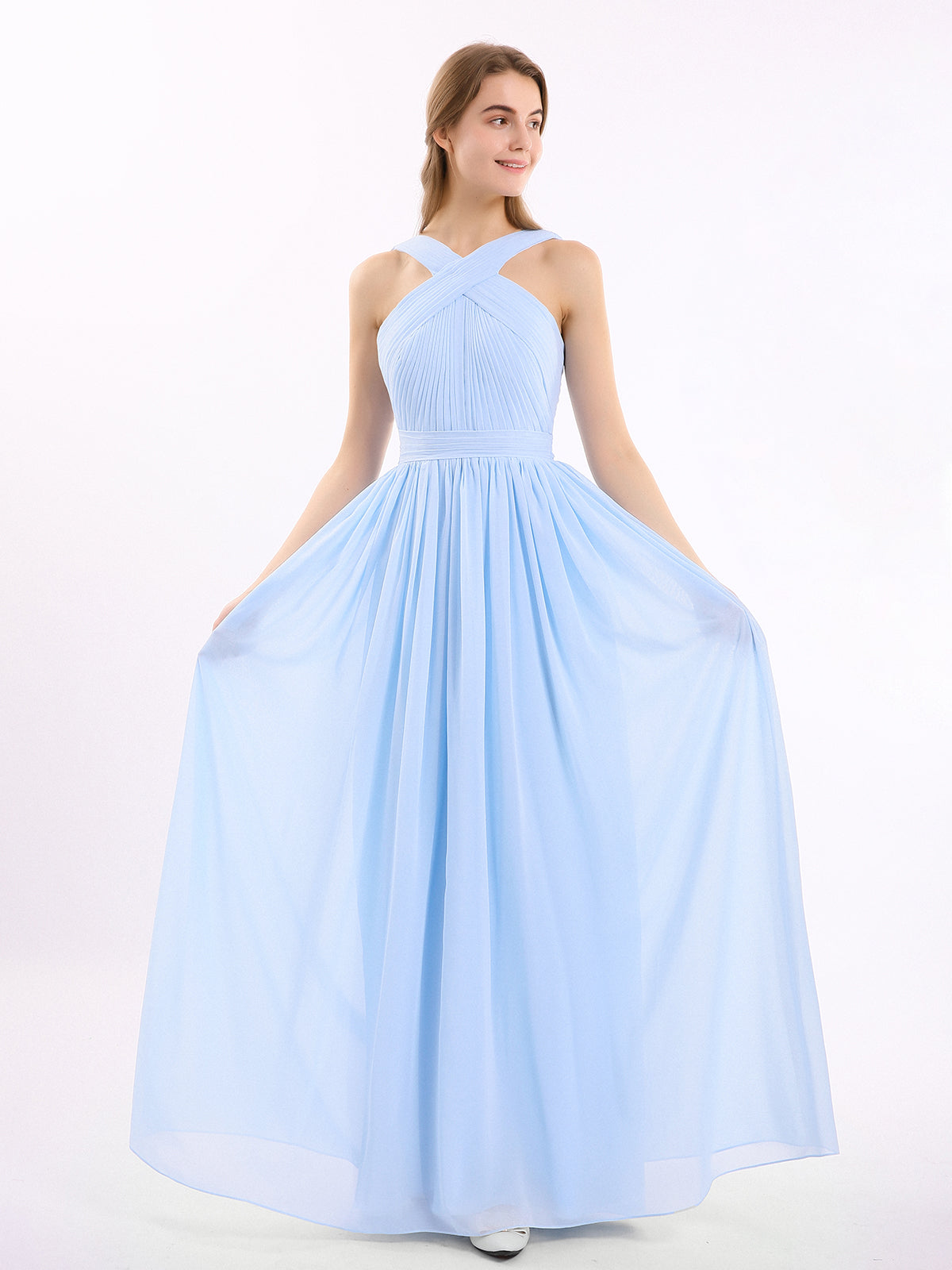 Floral Lace Top and Chiffon Bottom Full-length Dresses Sky Blue Plus Size