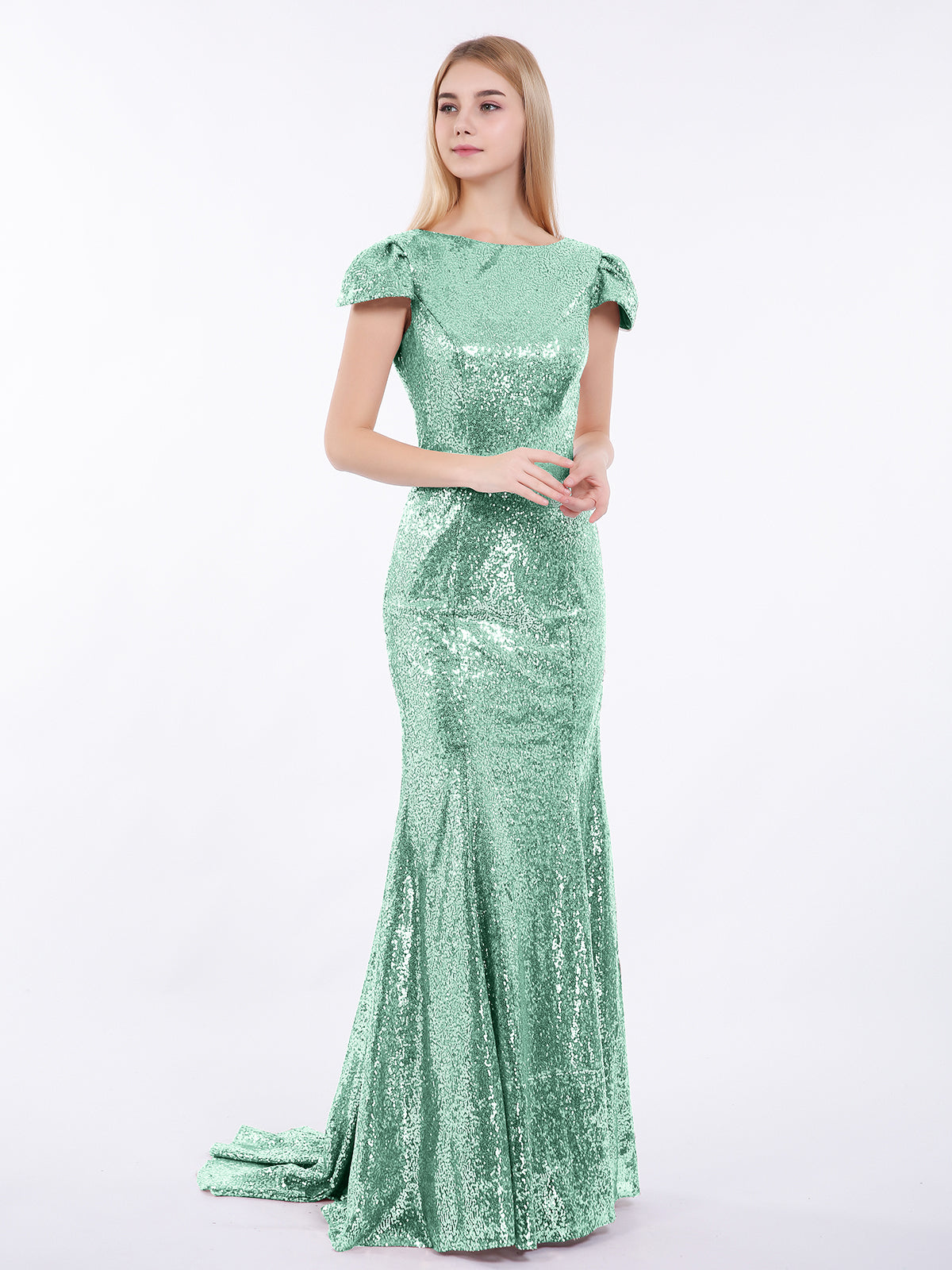 BABARONI Sequins Mermaid Dress with Cap Sleeves Mint Green, Mint Green / US0 BABARONI Sequins Mermaid Dress with Cap Sleeves Mint Green, Mint Green / US0