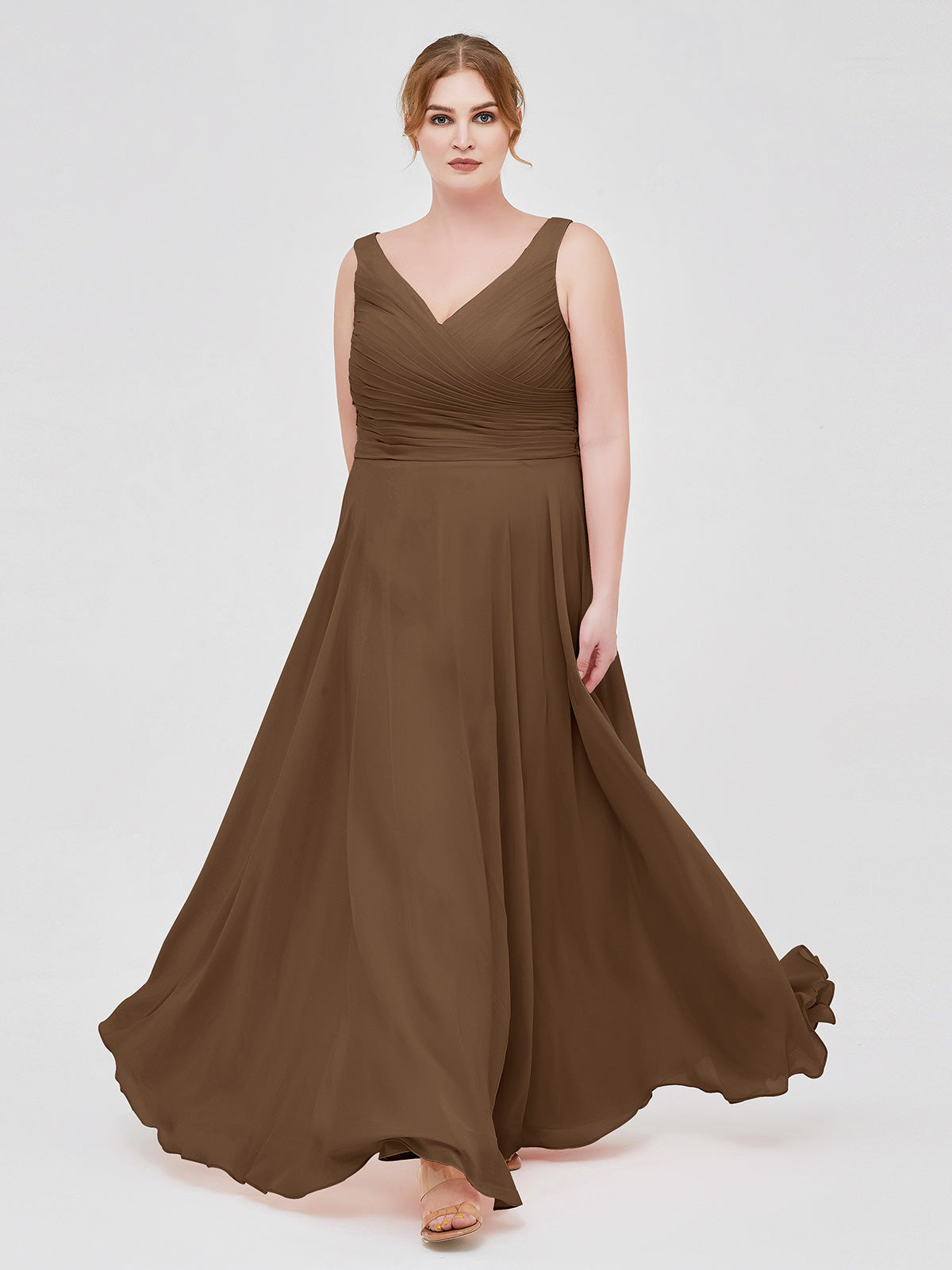 plus size brown bridesmaid dresses BABARONI Chiffon V-neck Floor-length Straps Bow A-line, Brown / US0 Short Formal Short Navy mama_30_xl The pleated waistline decorates Size:50/4XL