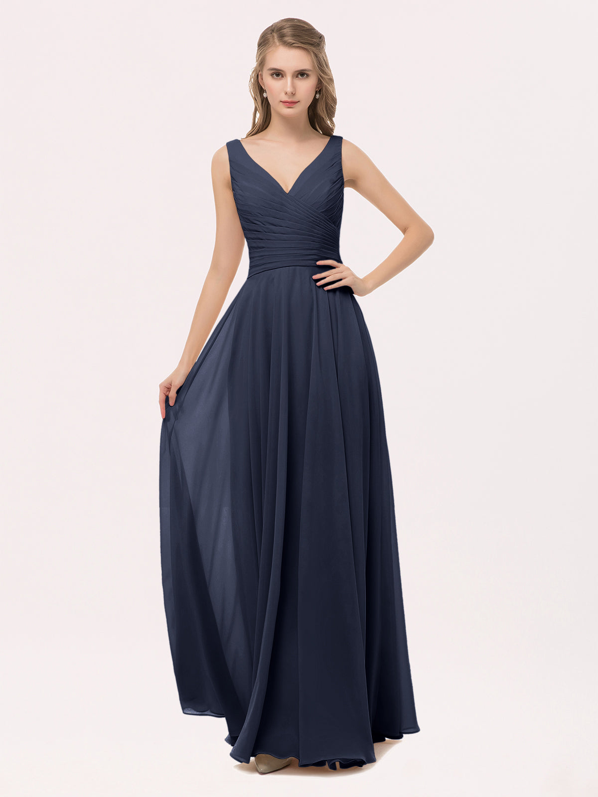 Halter Short Chiffron Dresses with V neck Dark Navy