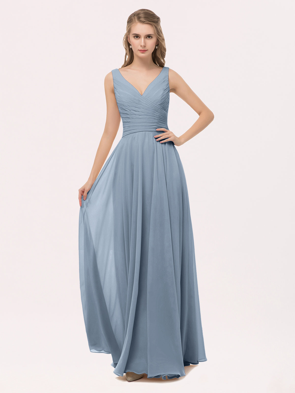 BABARONI Chiffon Dusty Blue Bridesmaid Dresses V-neck Floor-length