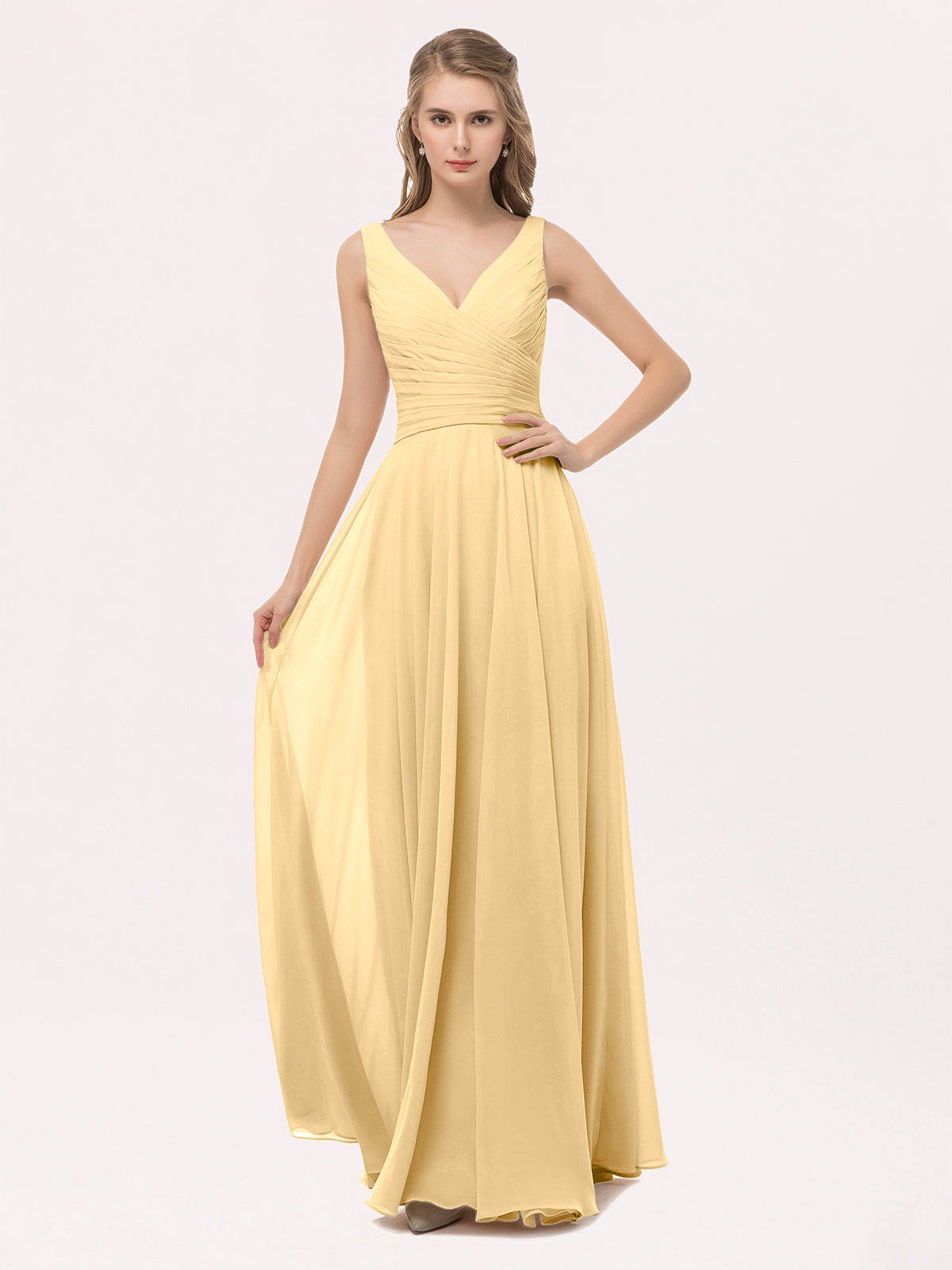 BABARONI V Neck Long Chiffon Dress with Bow Gold, Gold / US0 BABARONI V Neck Long Chiffon Dress with Bow Gold, Gold / US0