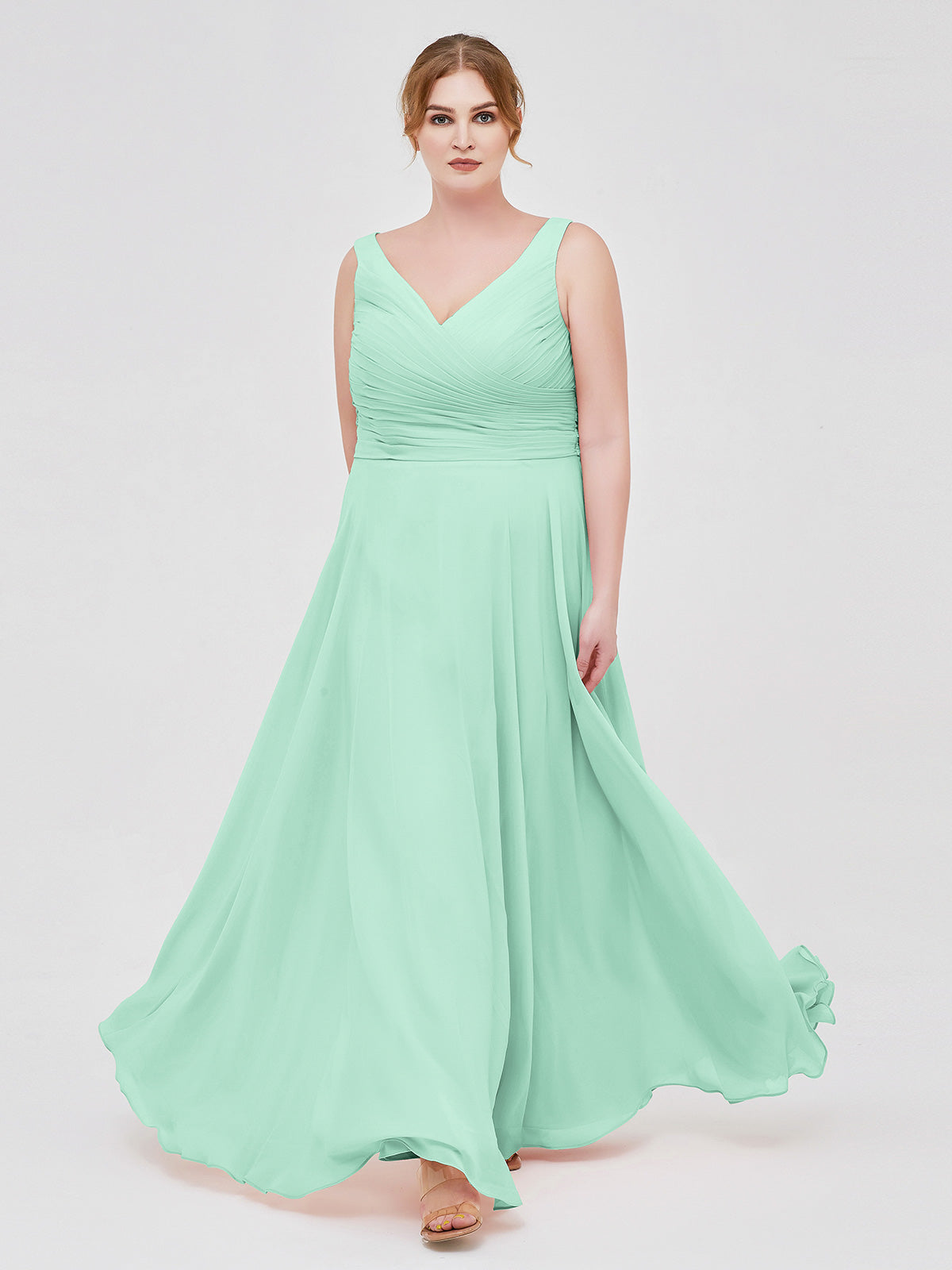 BABARONI V Neck Long Chiffon Dress with Bow Mint Green, Mint Green / US0