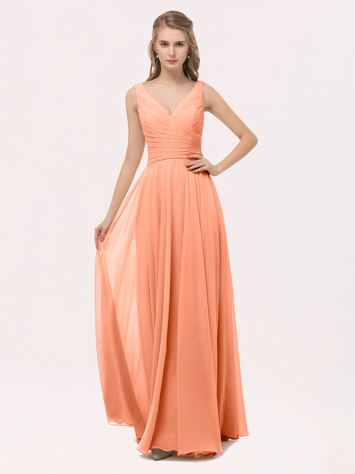 BABARONI Chiffon Papaya Bridesmaid Dresses V-neck Floor-length Straps Bow A-line, Papaya / US0