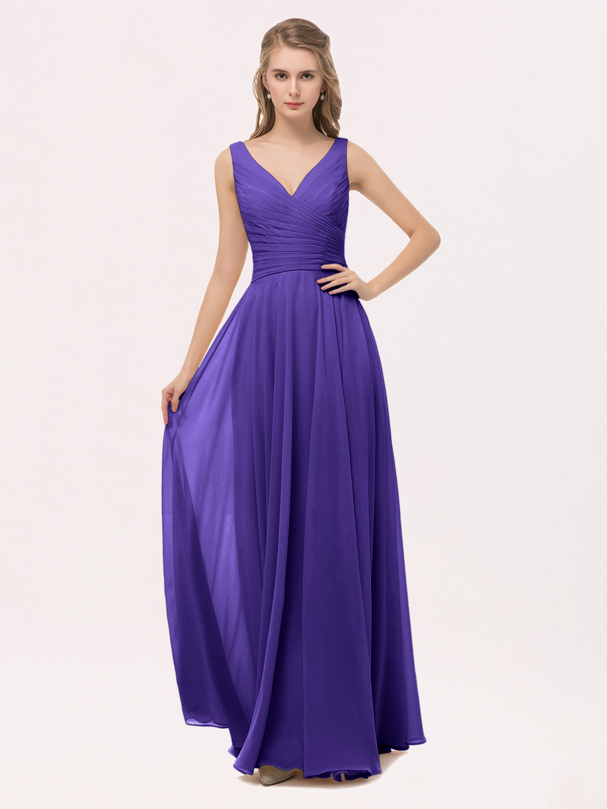 BABARONI Chiffon Regency Bridesmaid Dresses V-neck Floor-length Straps Bow A-line, Regency / US