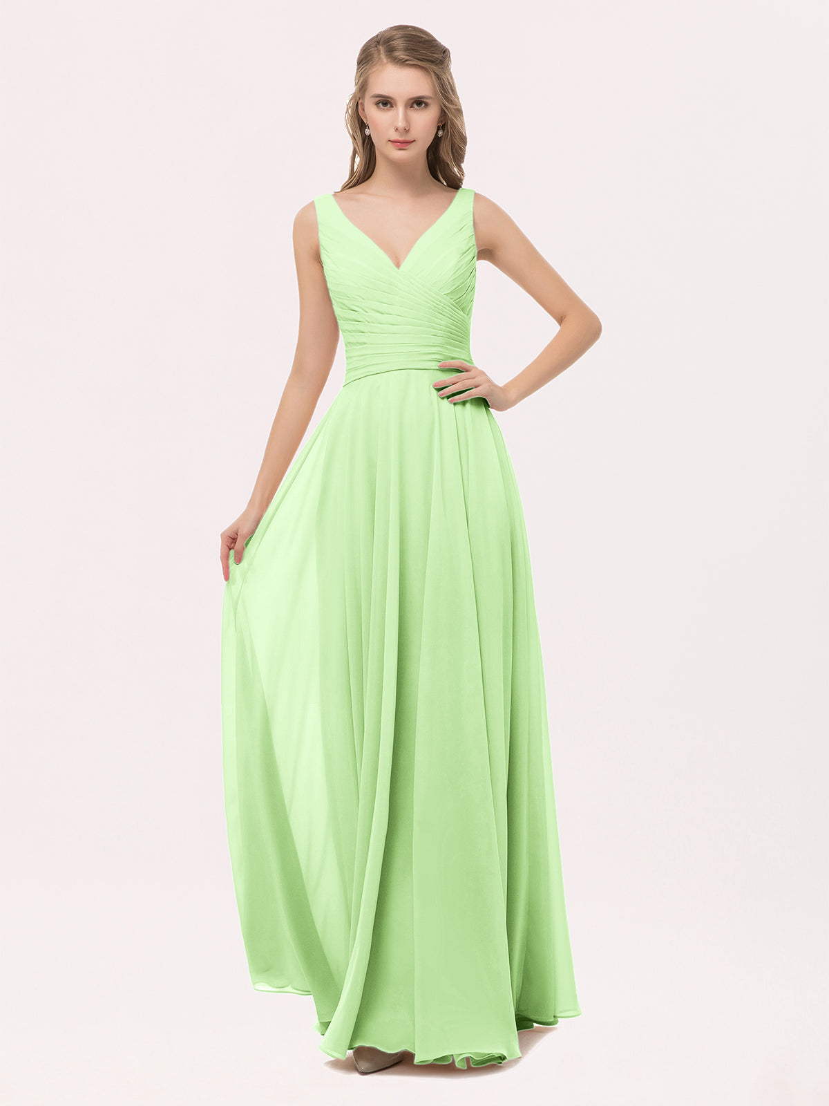 BABARONI V Neck Long Chiffon Dress with Bow Sage, Sage / US0