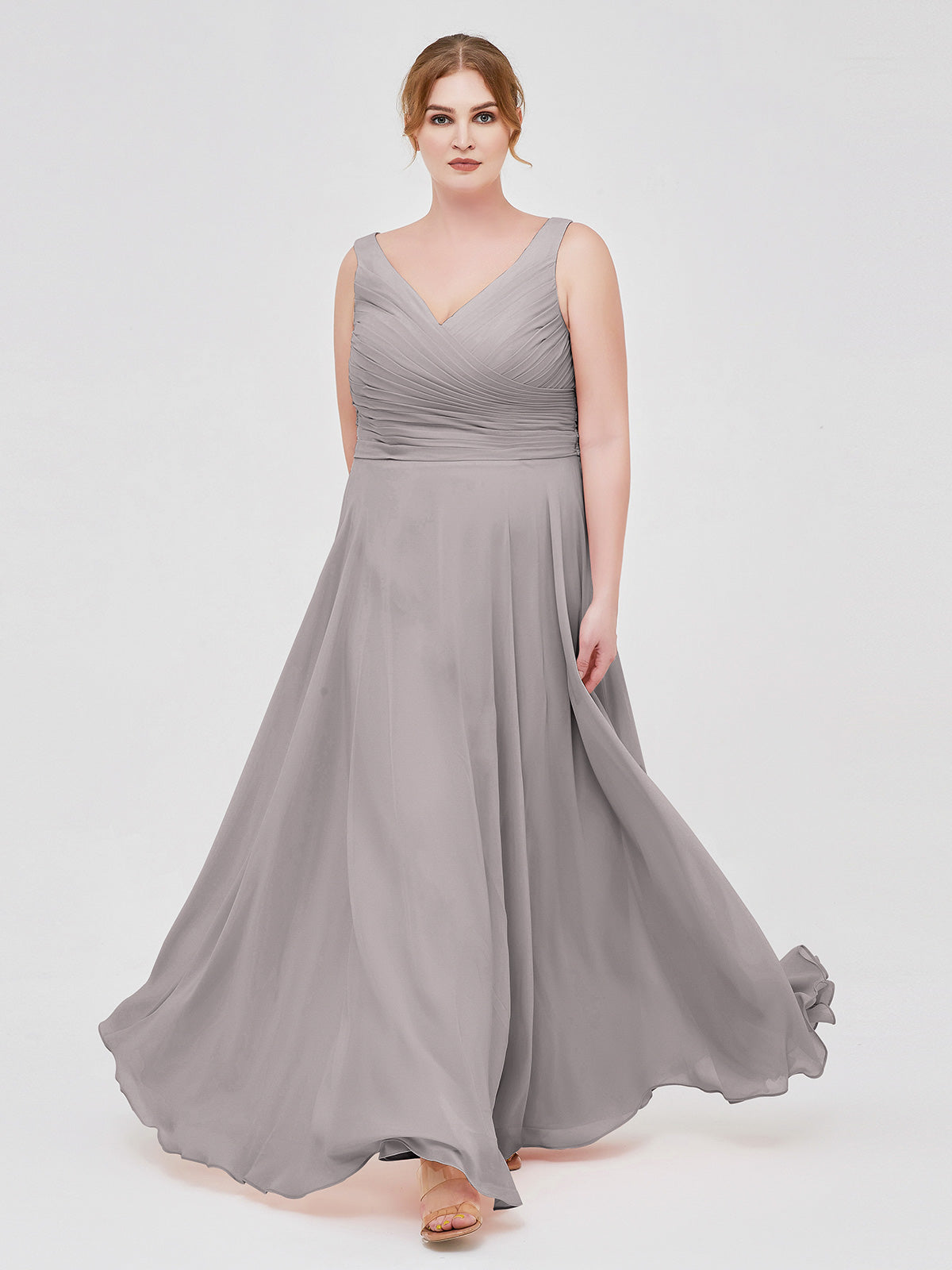 BABARONI Chiffon Silver Bridesmaid Dresses V-neck Floor-length Straps Bow A-line, Silver / US0