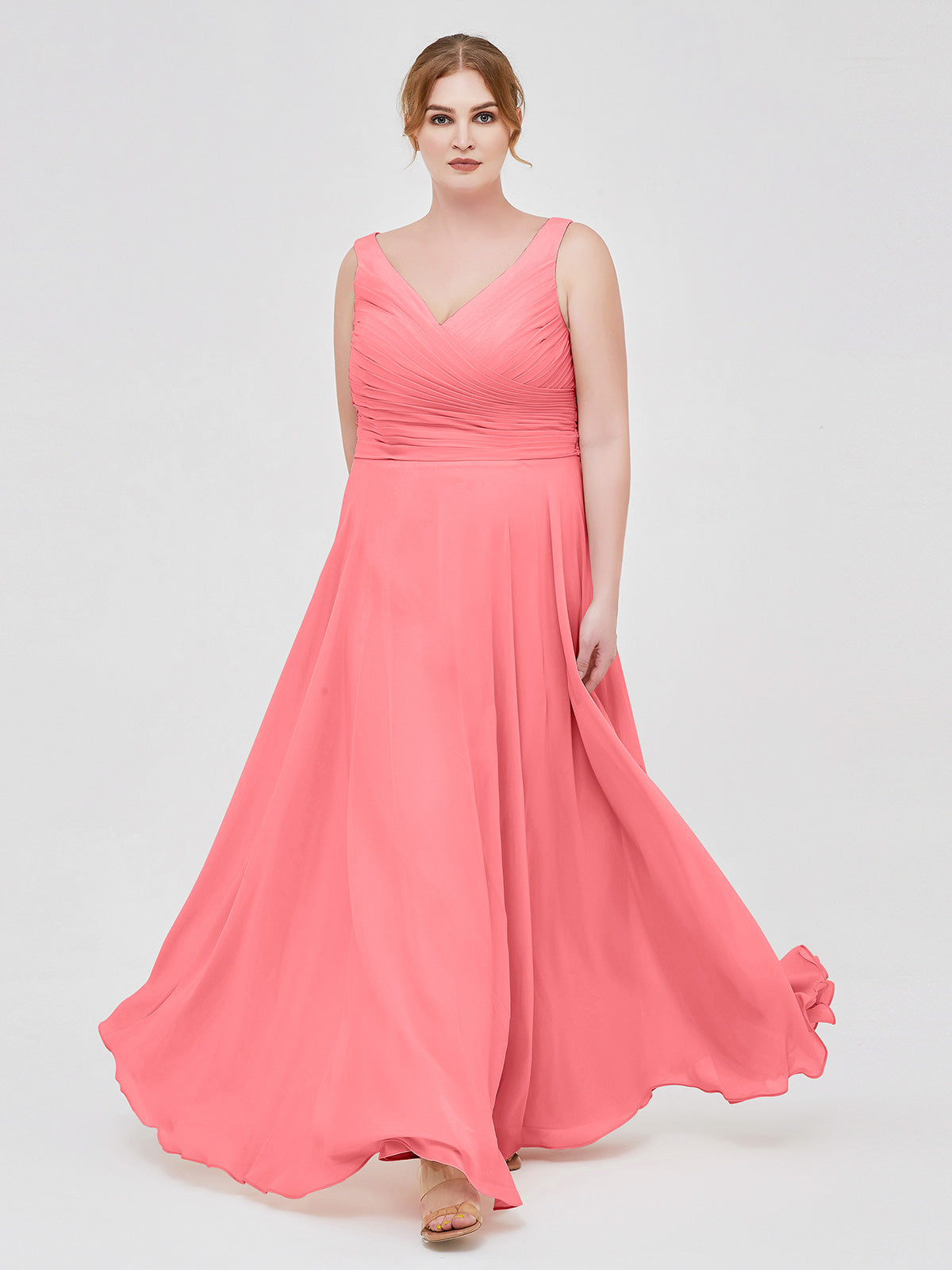 BABARONI V Neck Long Chiffon Dress with Bow Watermelon, Watermelon / US0