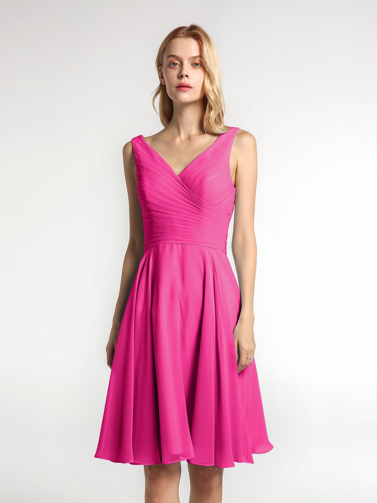 BABARONI V neck Pleated Bodice Circle Skirt Mini Dress Fuchsia, Fuchsia / US0