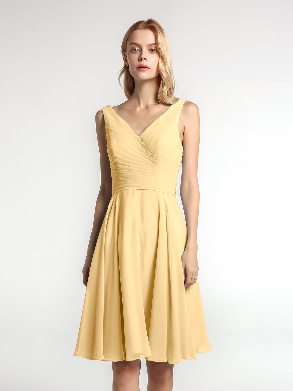 BABARONI V Neck Pleated Bodice Circle Skirt Mini Dress Gold, Gold / US0