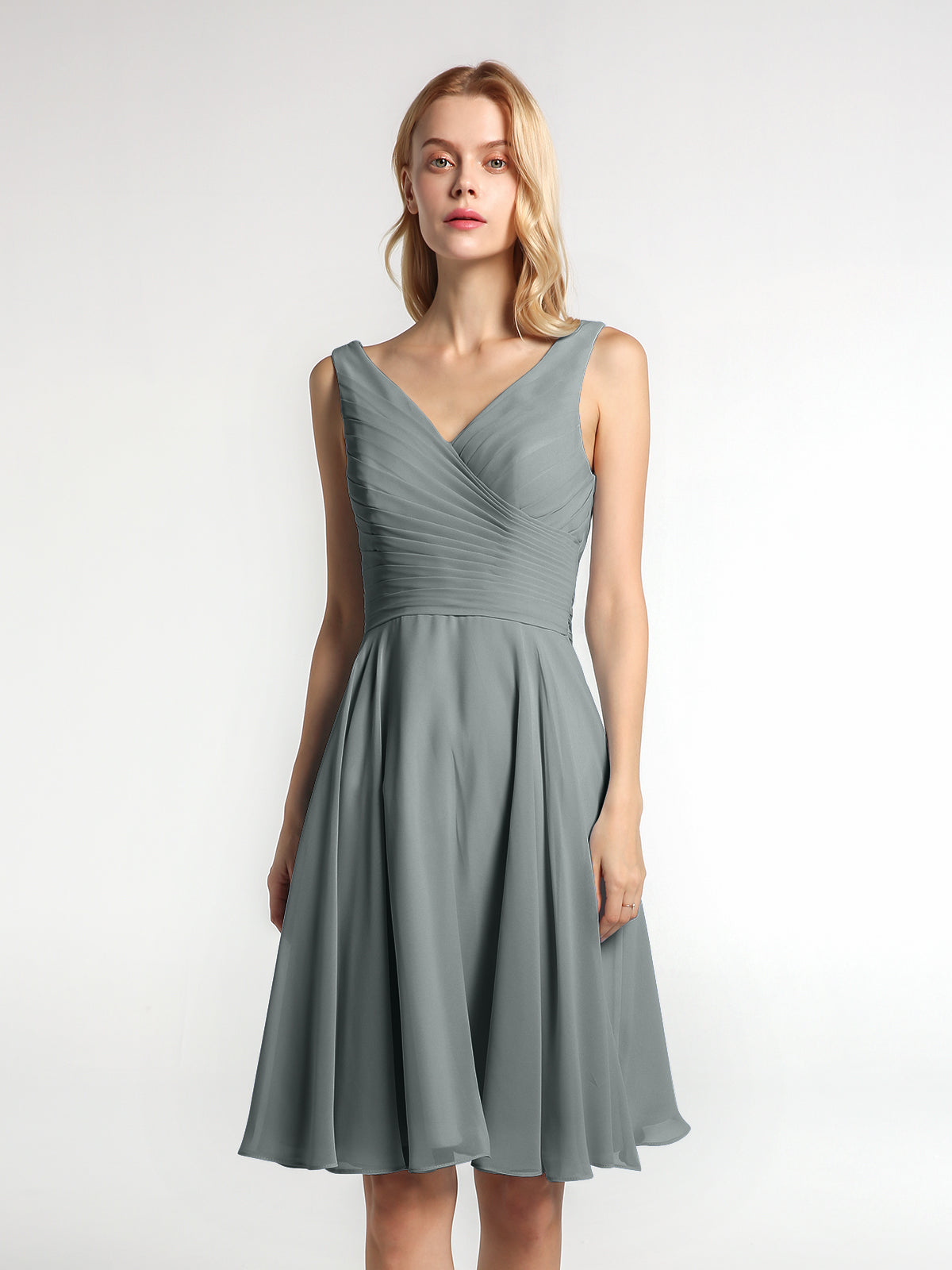 Pleated Bodice Circle Skirt V-neck Mini Dress Sage