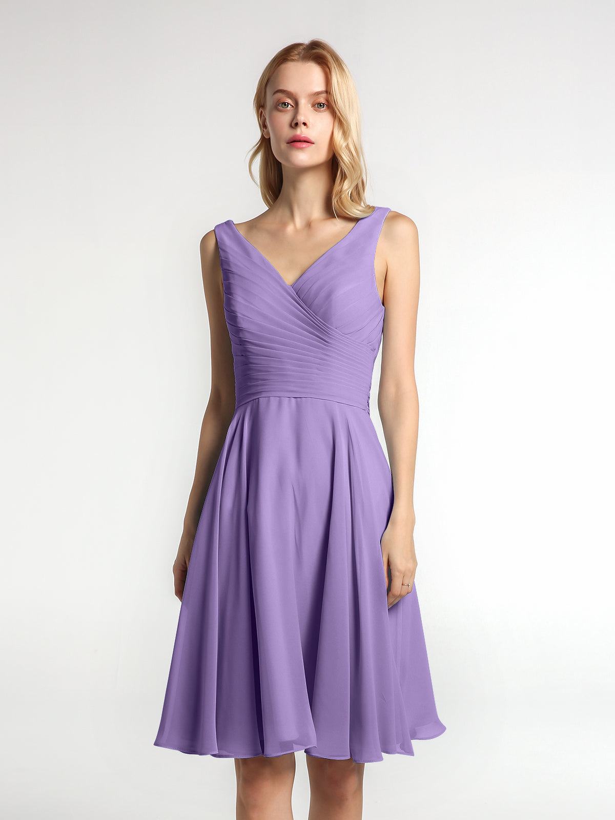 Pleated Bodice Circle Skirt V-neck Mini Dress Lavender Plus Size
