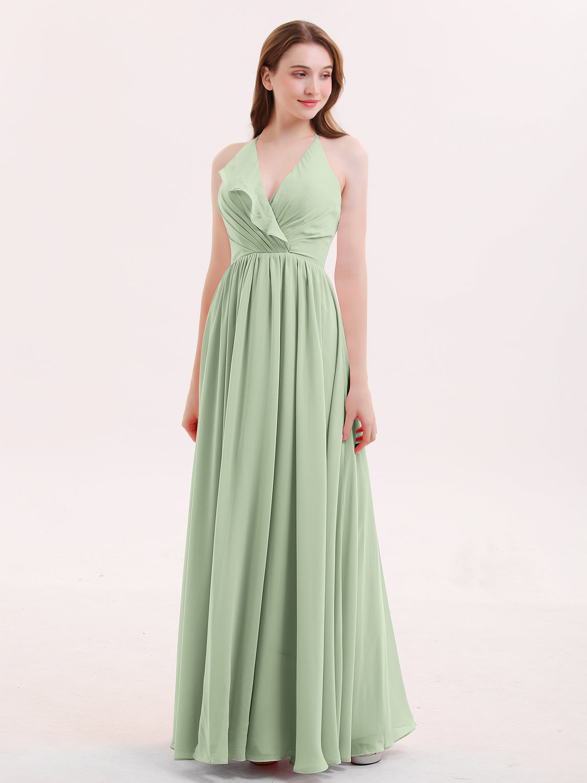 V-neck Simple Chiffon Full Length Dresses Dusty Sage Plus Size