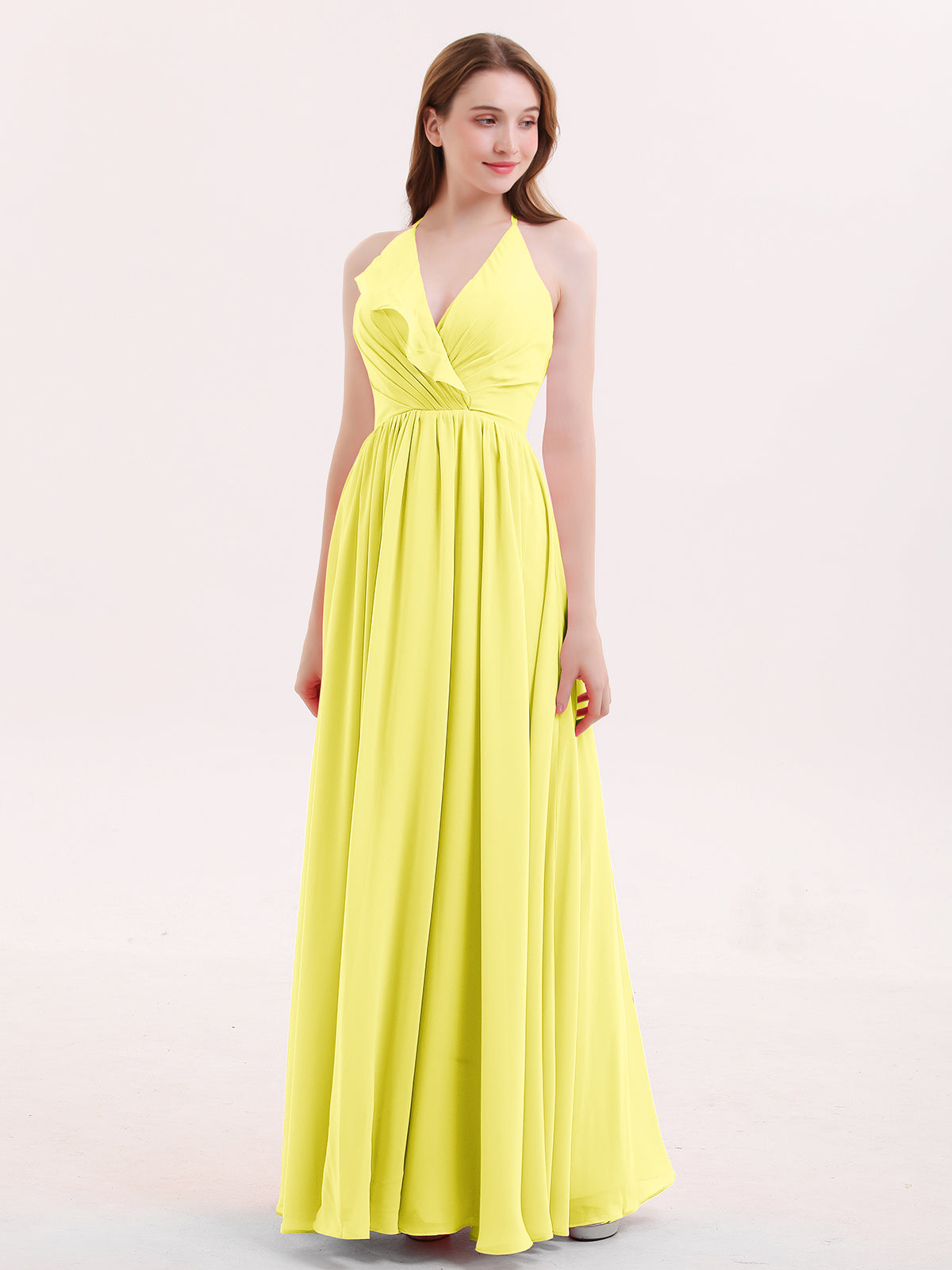 BABARONI V Neck Full Length Chiffon Bridesmaid Dress Lemon, Lemon / US0