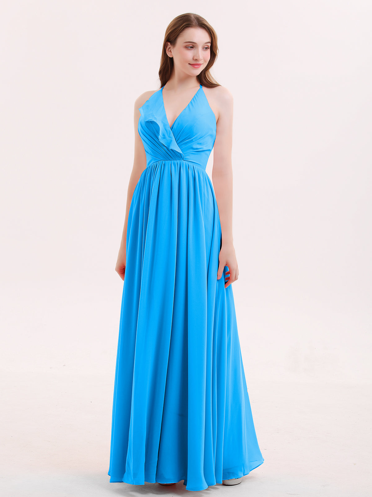 BABARONI Chiffon Ocean Blue Bridesmaid Dresses V-neck Floor-length