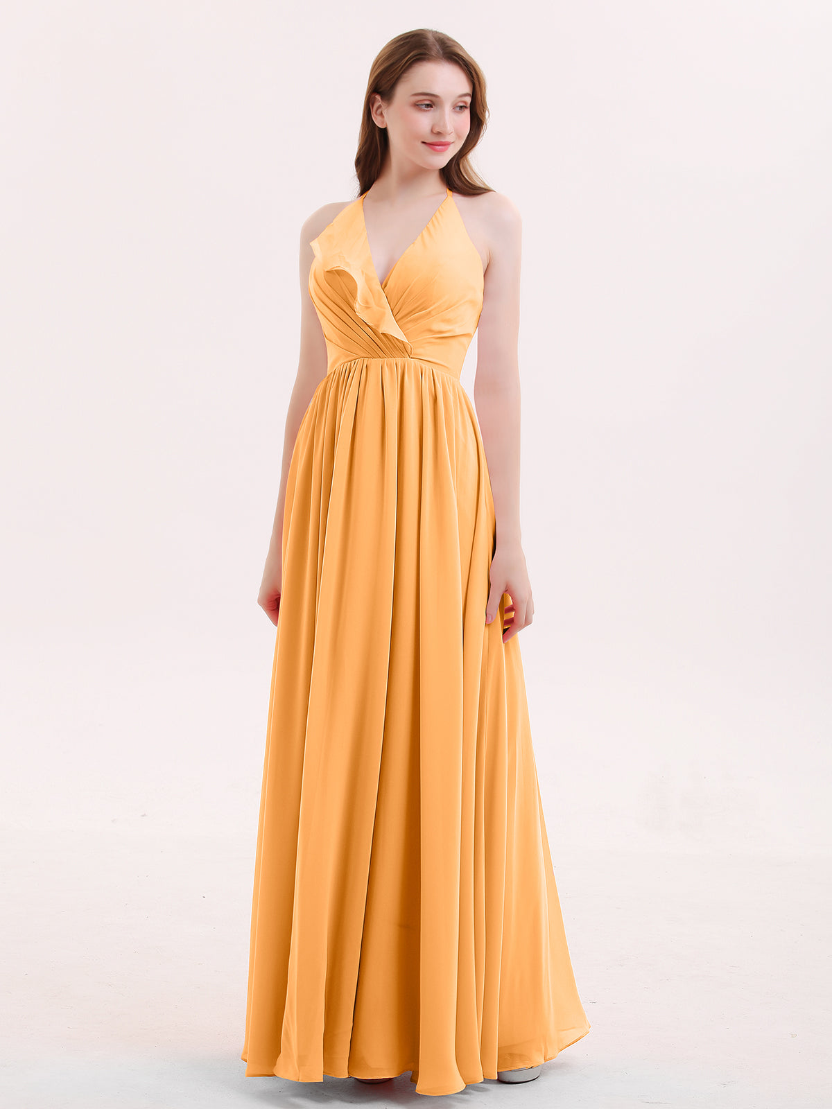 V-neck Chiffon Maxi Bridesmaid Dresses Tangerine Plus Size