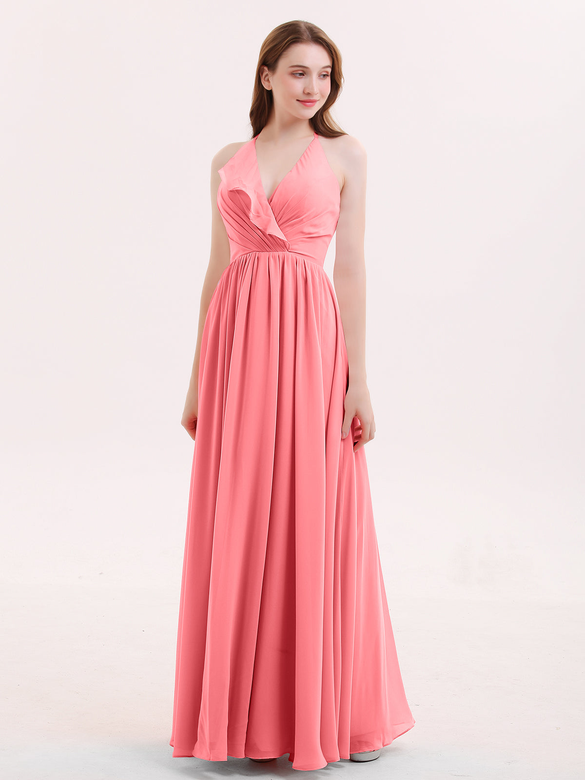Illusion Neck Chiffon Full Length Dresses Watermelon Plus Size main image 1