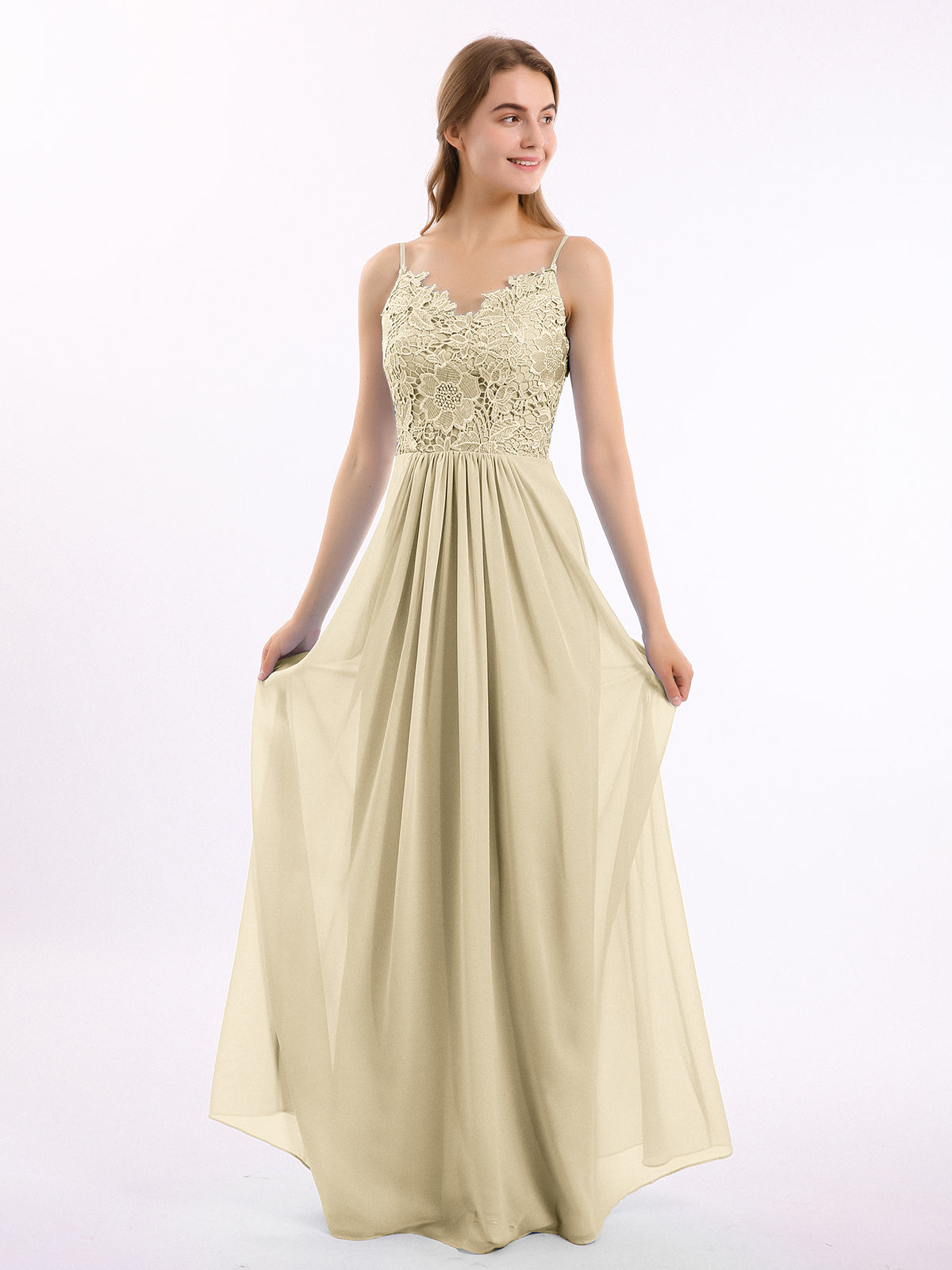 Long Spaghetti Straps Chiffon Dress with Lace Top Spa main image 1