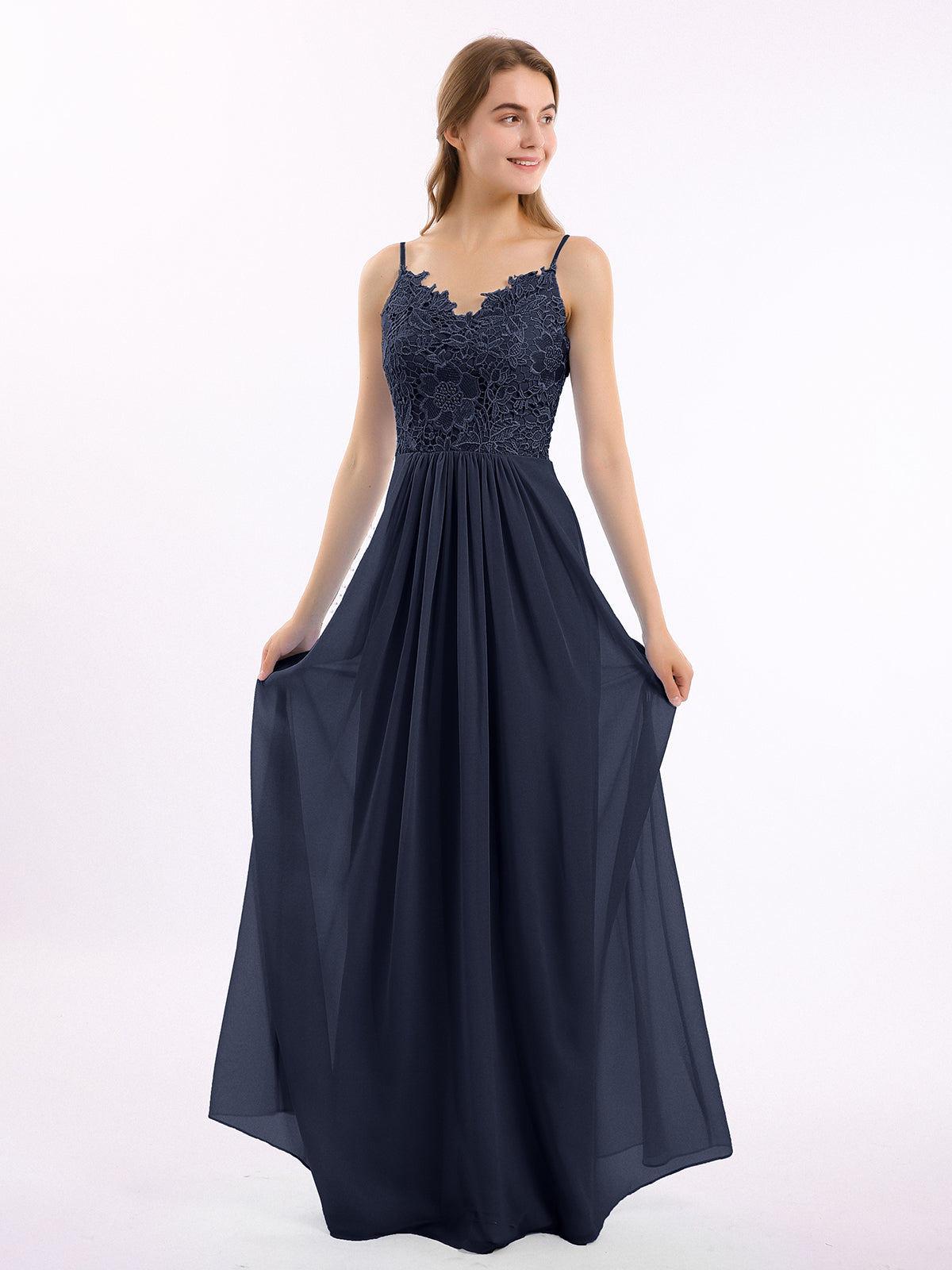 Spaghetti Straps Lace Appliqued Top Long Chiffon Dresses Spa