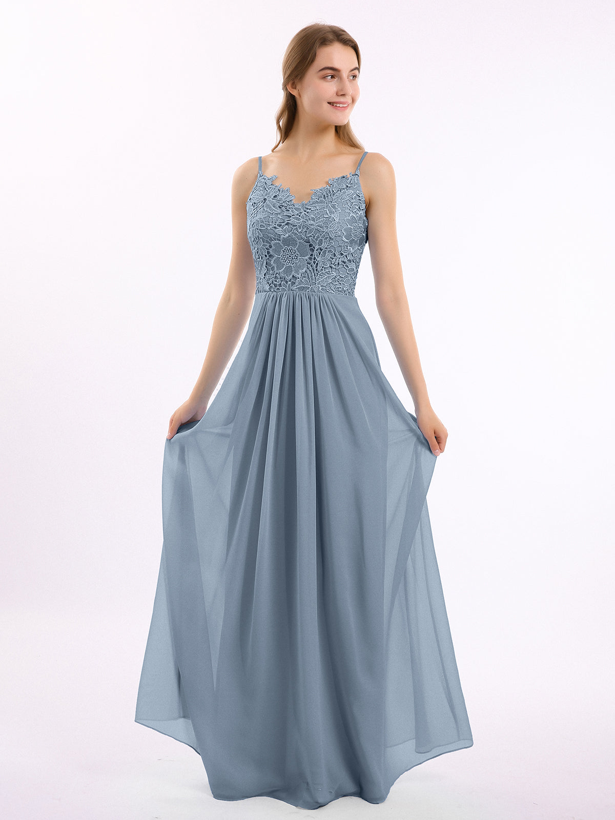 BABARONI Chiffon Dusty Blue Bridesmaid Dresses V-neck Floor-length