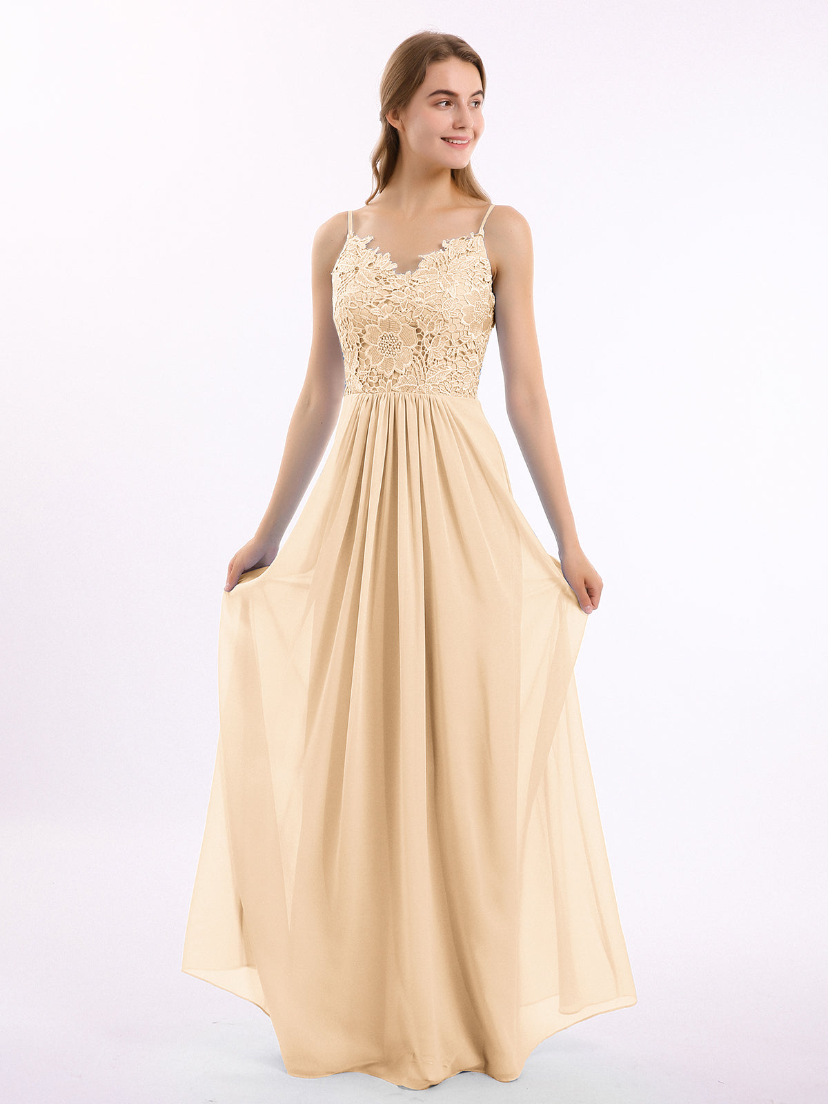 BABARONI Lace and Chiffon Long Dresses with Spaghetti Straps Peach, Peach / US0
