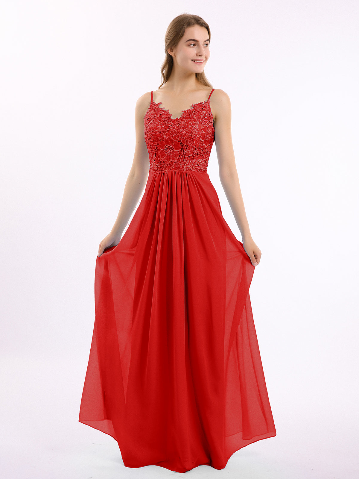 BABARONI Lace and Chiffon Long Dresses with Spaghetti Straps Red, Red / US0 BABARONI Lace and Chiffon Long Dresses with Spaghetti Straps Red, Red / US0