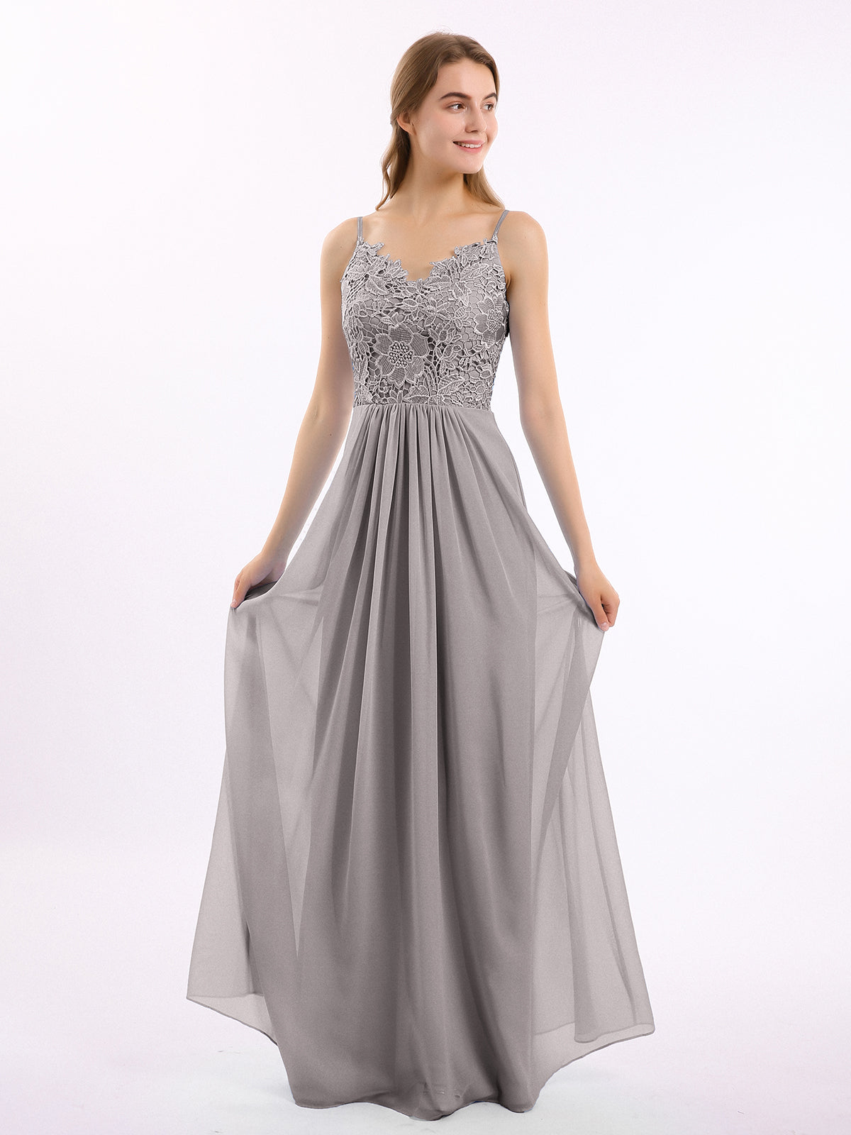 BABARONI Lace and Chiffon Long Dresses with Spaghetti Straps Silver, Silver / US0