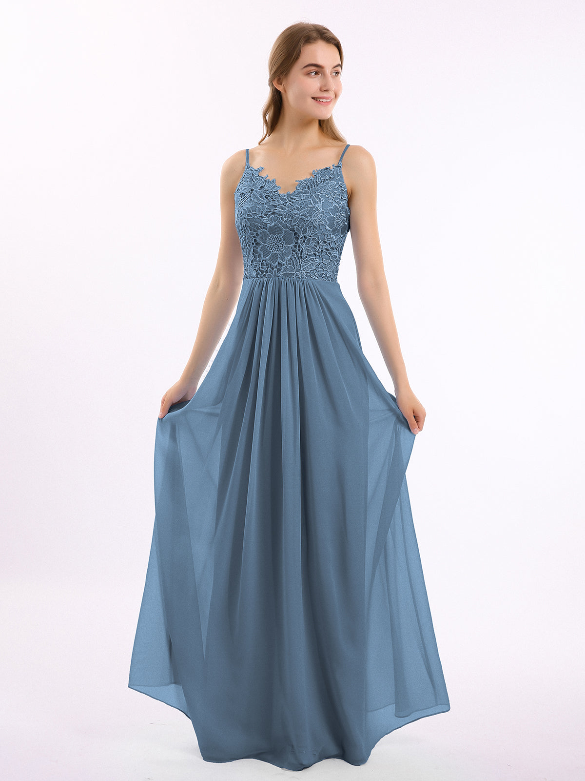 BABARONI Chiffon Slate Blue Bridesmaid Dresses V-neck Floor-length  Spaghetti Straps Lace A-line