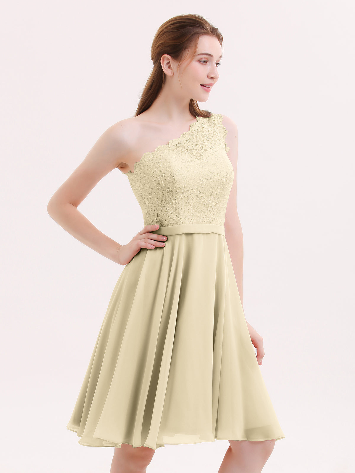 BABARONI One Shoulder Short Lace Bridesmaid Dress Champagne Plus Size, Champagne / US18 BABARONI One Shoulder Short Lace Bridesmaid Dress Champagne Plus Size, Champagne / US18