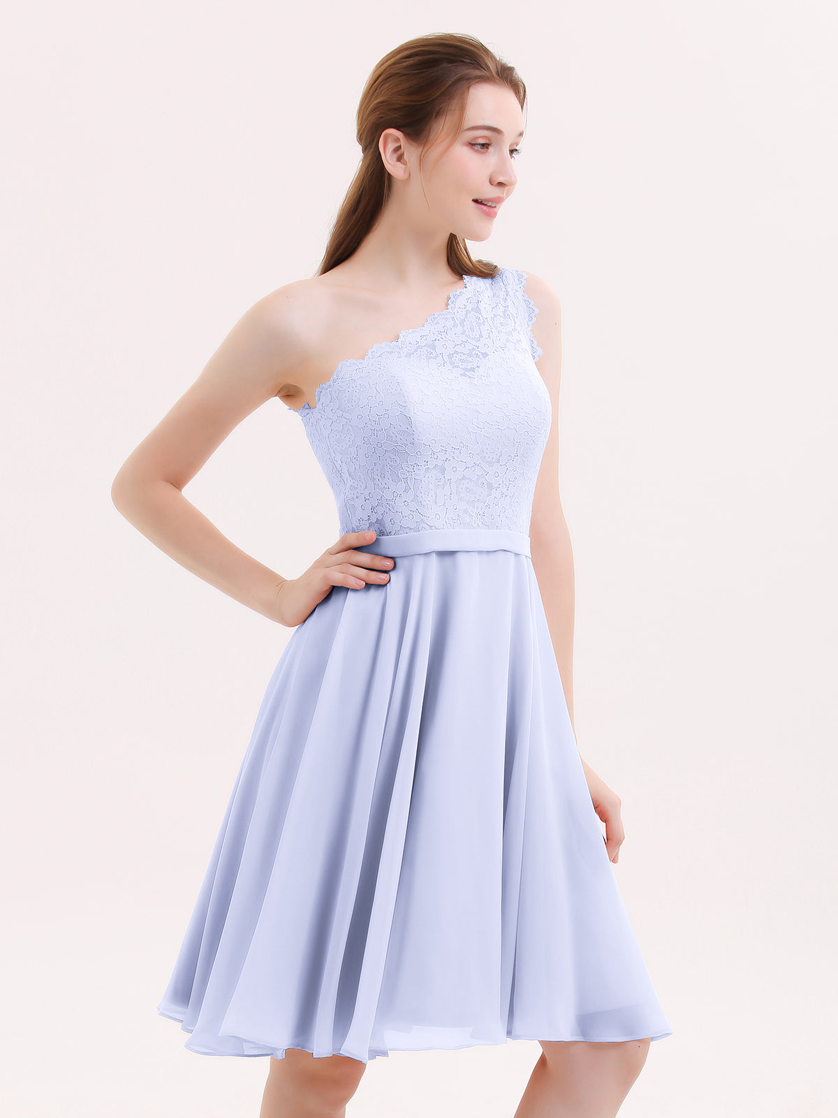 BABARONI One Shoulder Short Lace Bridesmaid Dress Lavender, Lavender / US0