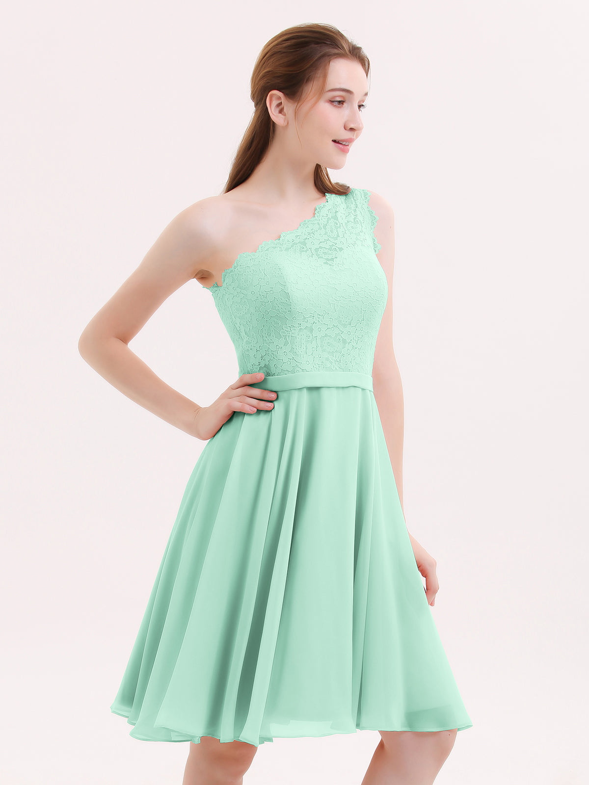 One Shoulder Short Dresses with Lace Bodice Mint Green Plus Size
