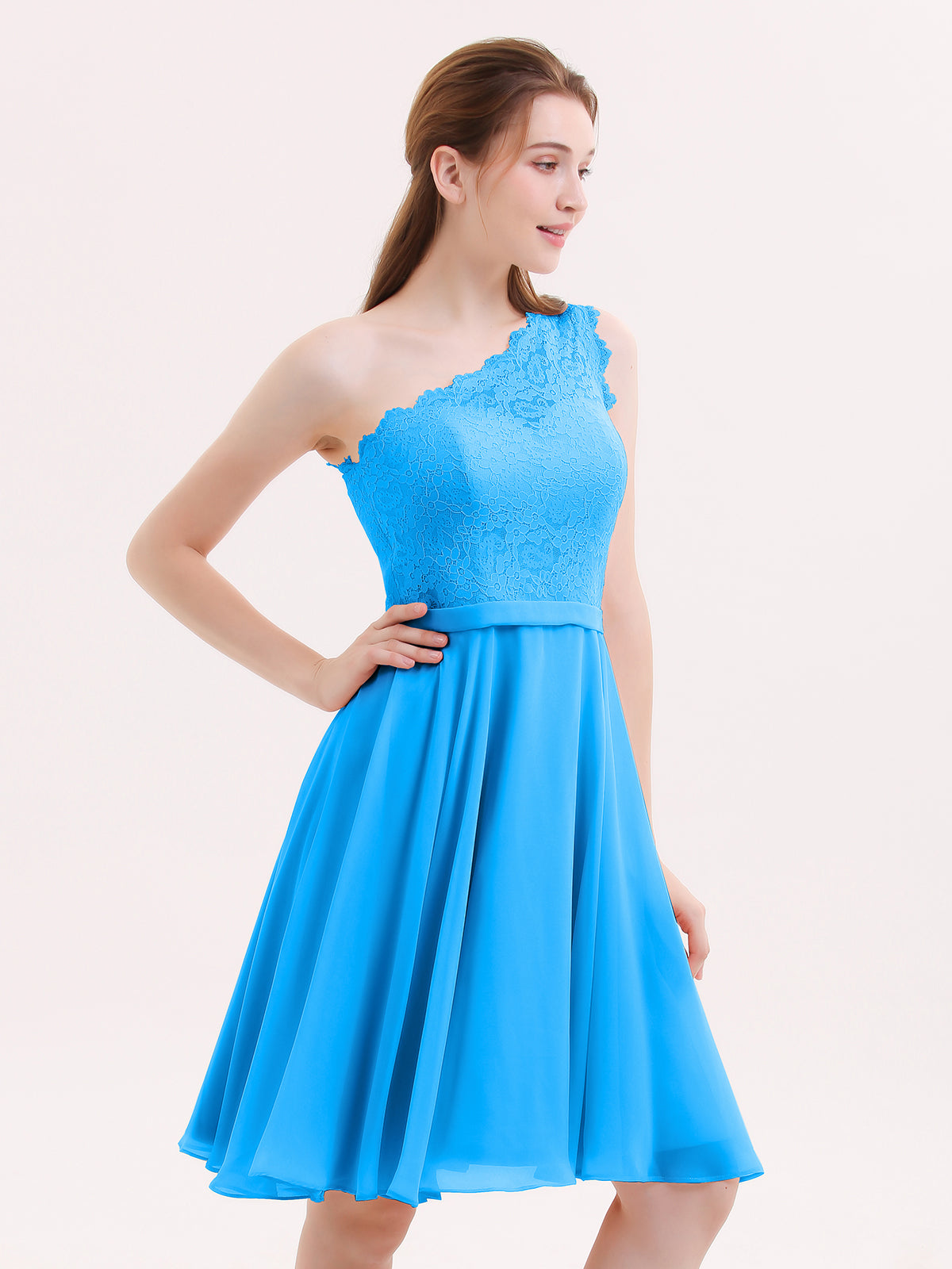 ocean blue dress short BABARONI Chiffon Bridesmaid Dresses One Shoulder Knee-length Sleeveless Lace A-line, Ocean Blue / US18 Royal Blue crew-neck Color:Tramonto Blu Dresses - Sydne Style