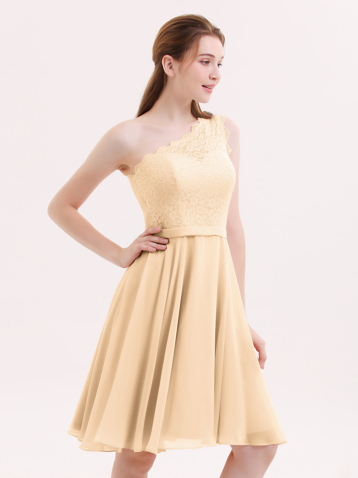 One Shoulder Short Dresses with Lace Bodice Peach Plus Size