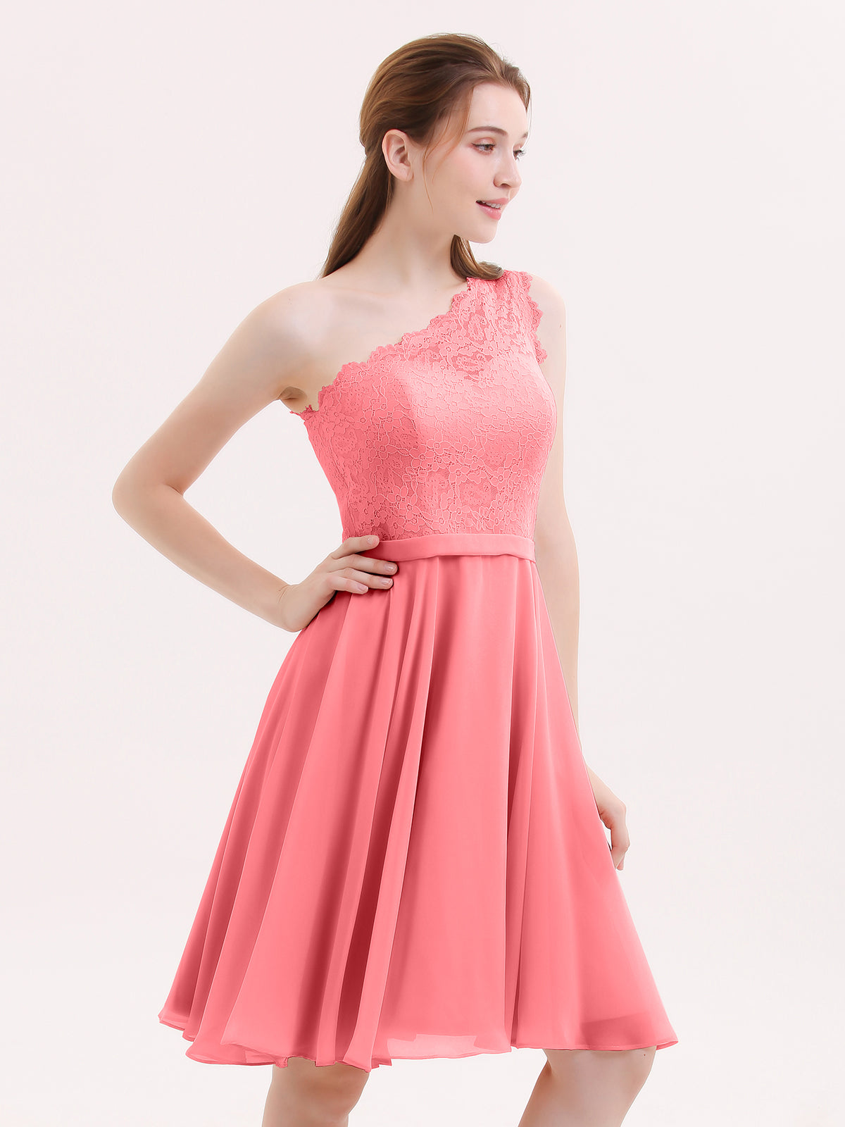BABARONI One Shoulder Short Lace Bridesmaid Dress Watermelon, Watermelon / US0