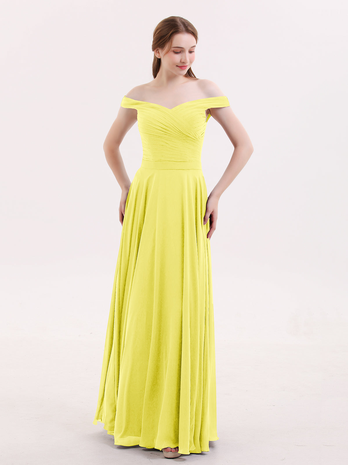 BABARONI Off Shoulder Full Length Chiffon Dress Lemon, Lemon / US0
