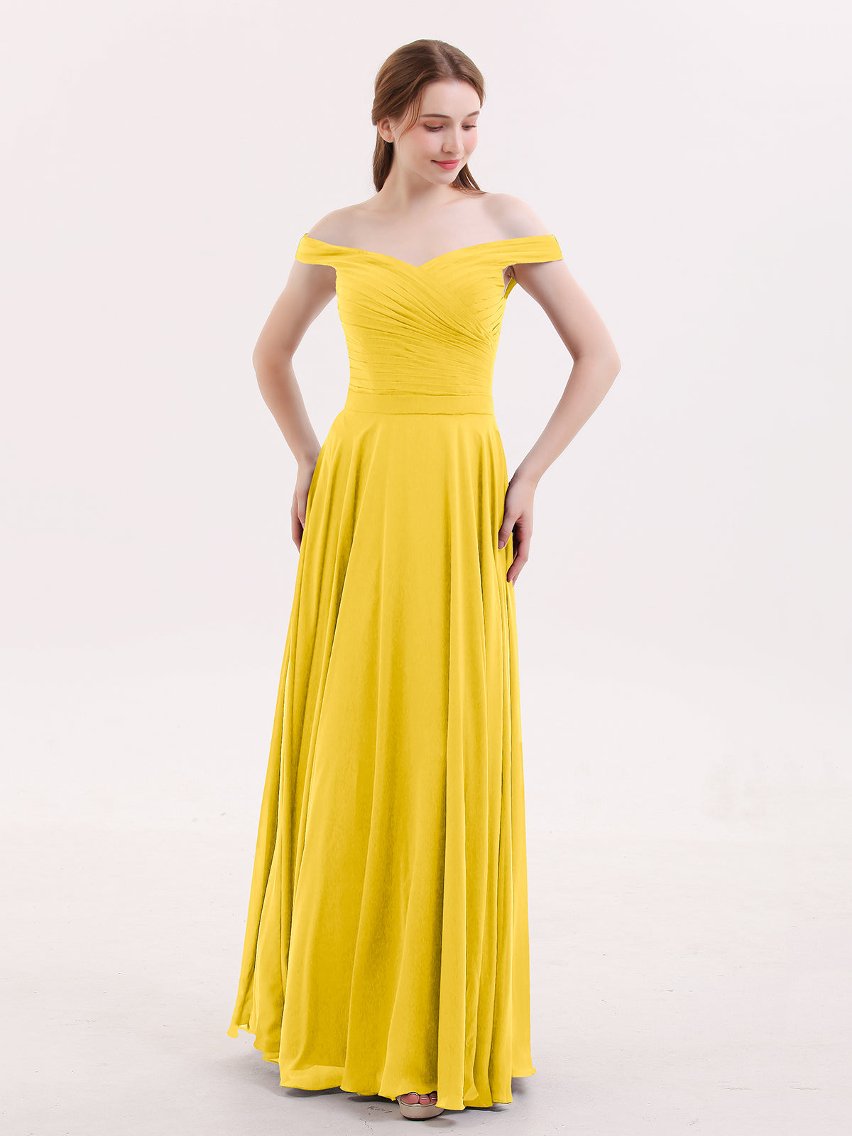 Halter Straps Full Length Chiffon Dresses with Pockets Marigold
