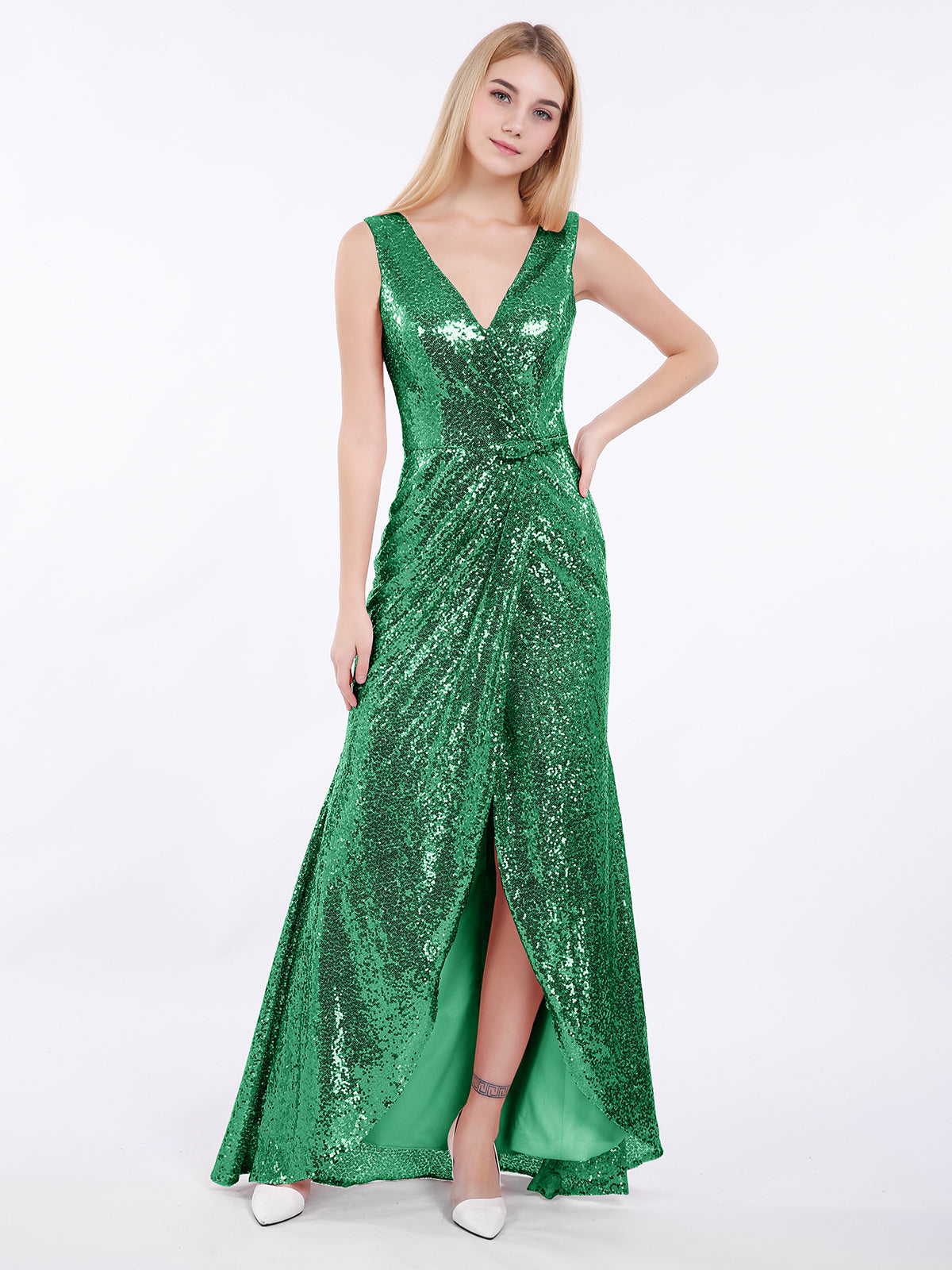 slim fit dress slacks BABARONI Short Front Long Back Sequins Dress Dark Green, Dark Green / US0