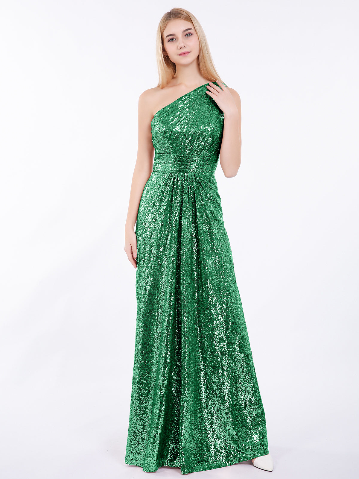 BABARONI Sequin Dark Green Bridesmaid Dresses One Shoulder Floor-length Sleeveless Ruched Sheath/Column BABARONI Sequin Dark Green Bridesmaid Dresses One Shoulder Floor-length Sleeveless Ruched Sheath/Column