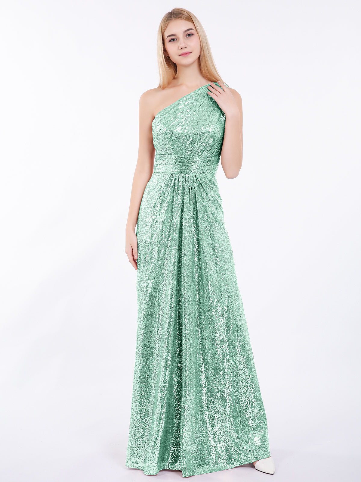slim fit dress slacks Mint Green Sequin Princess Dress – Knee Length & Puff Sleeves – Mia Princess main image 1